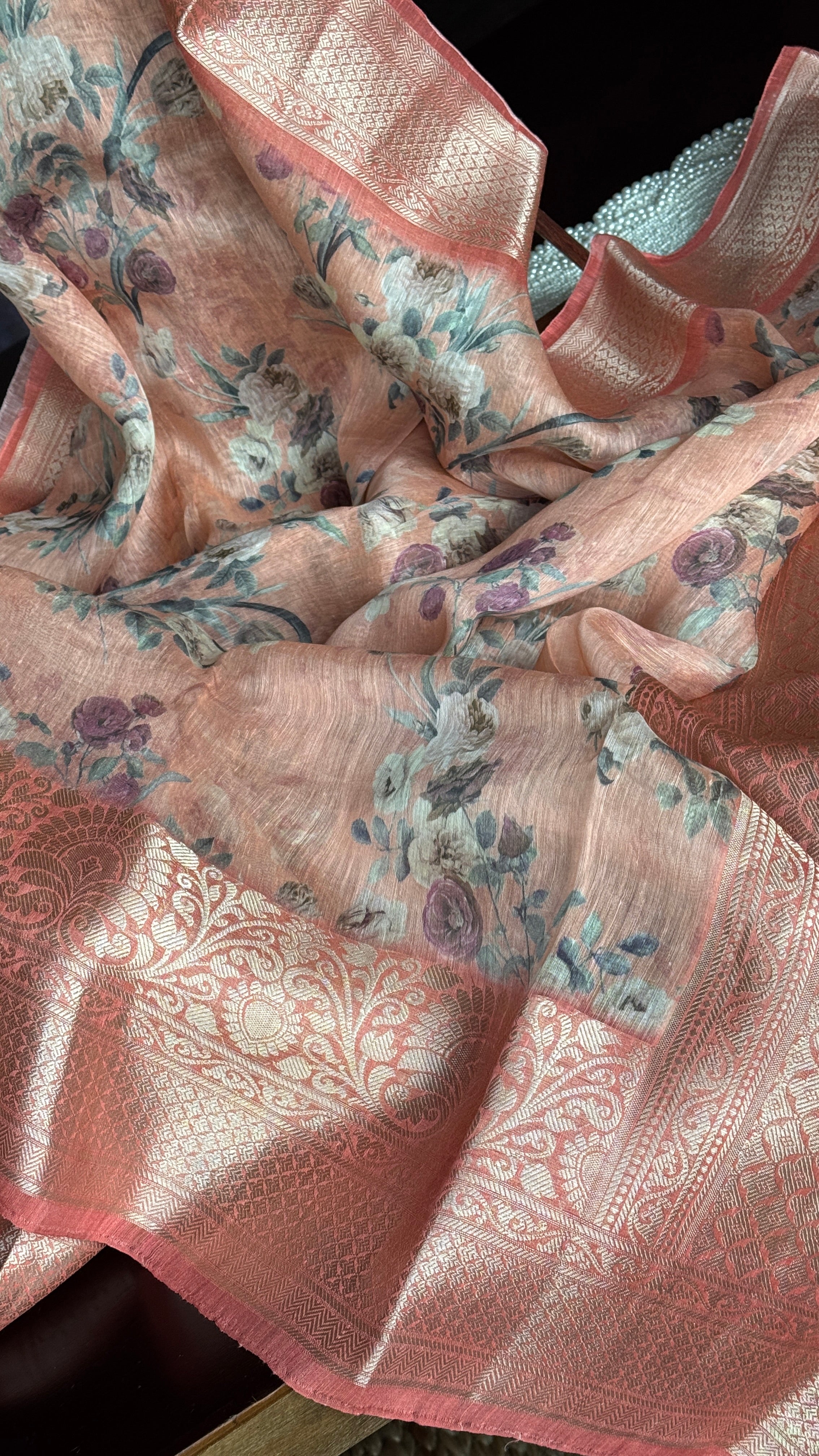 Pure Silk Linen Banarasi - Peach Floral Digital Print