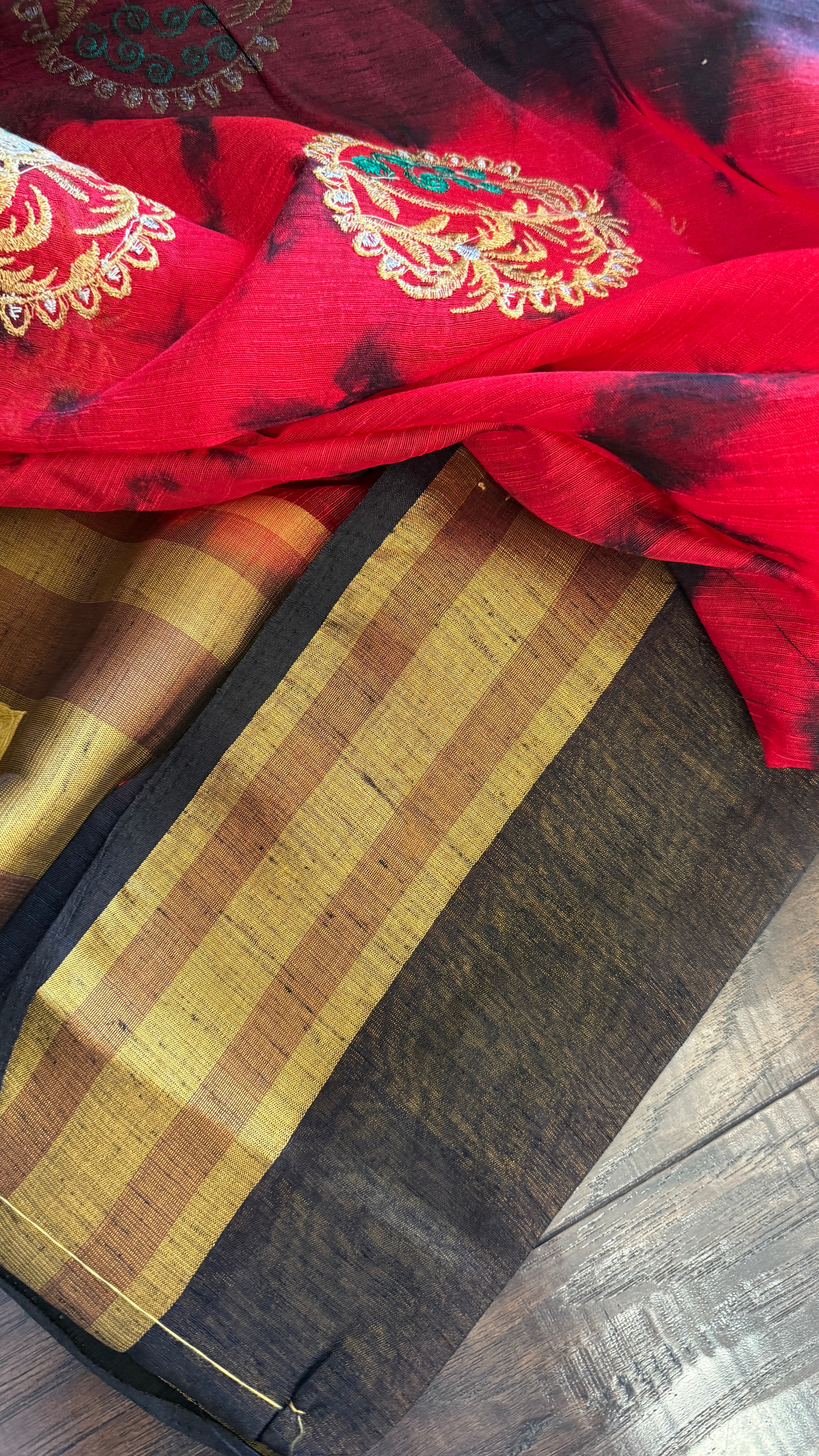 Soft Dupion Tie-Dye Saree - Red Black