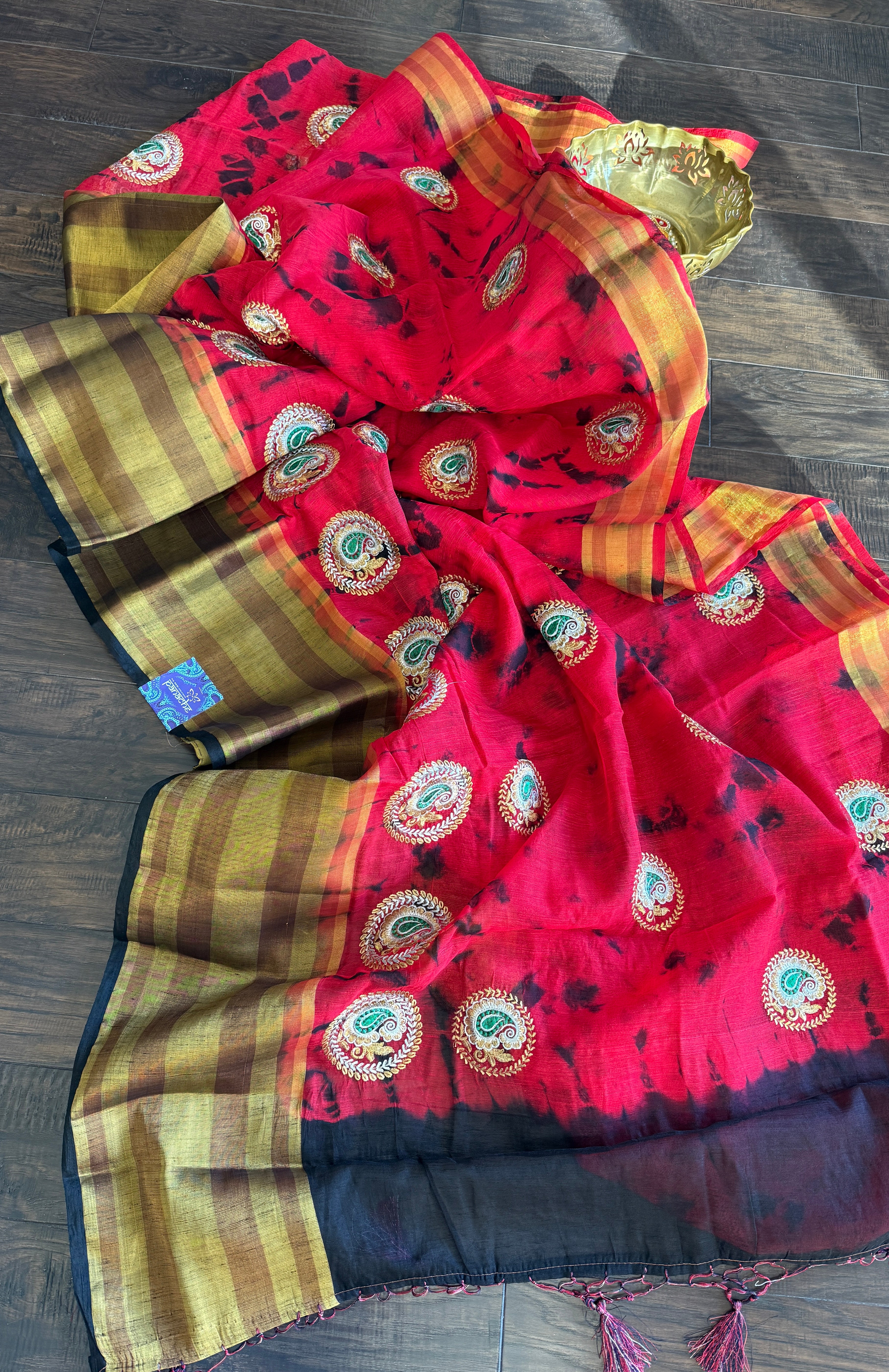 Soft Dupion Tie-Dye Saree - Ted Black Paisley