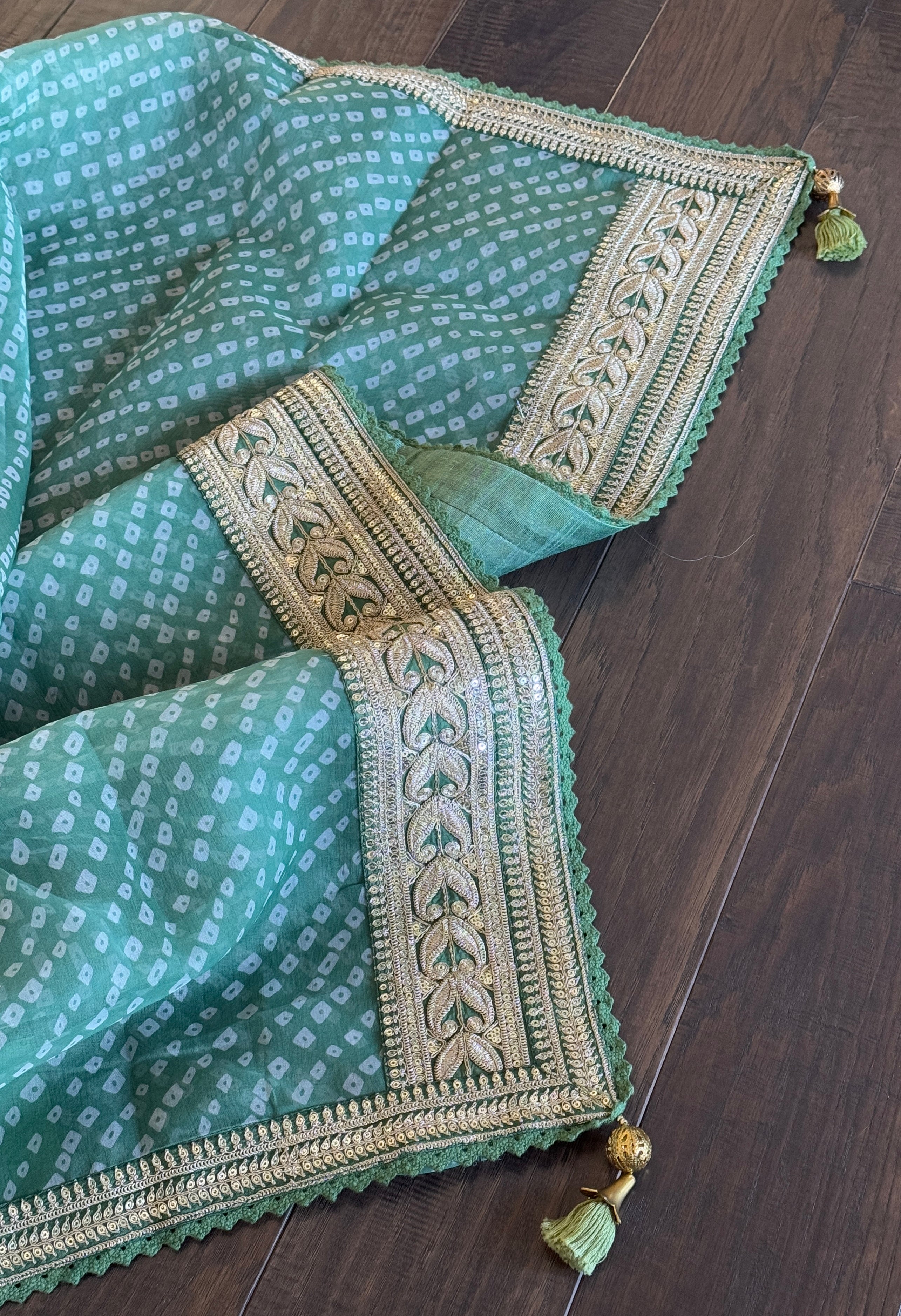 Designer Organza Bandhej - Sage Green Gota Patti