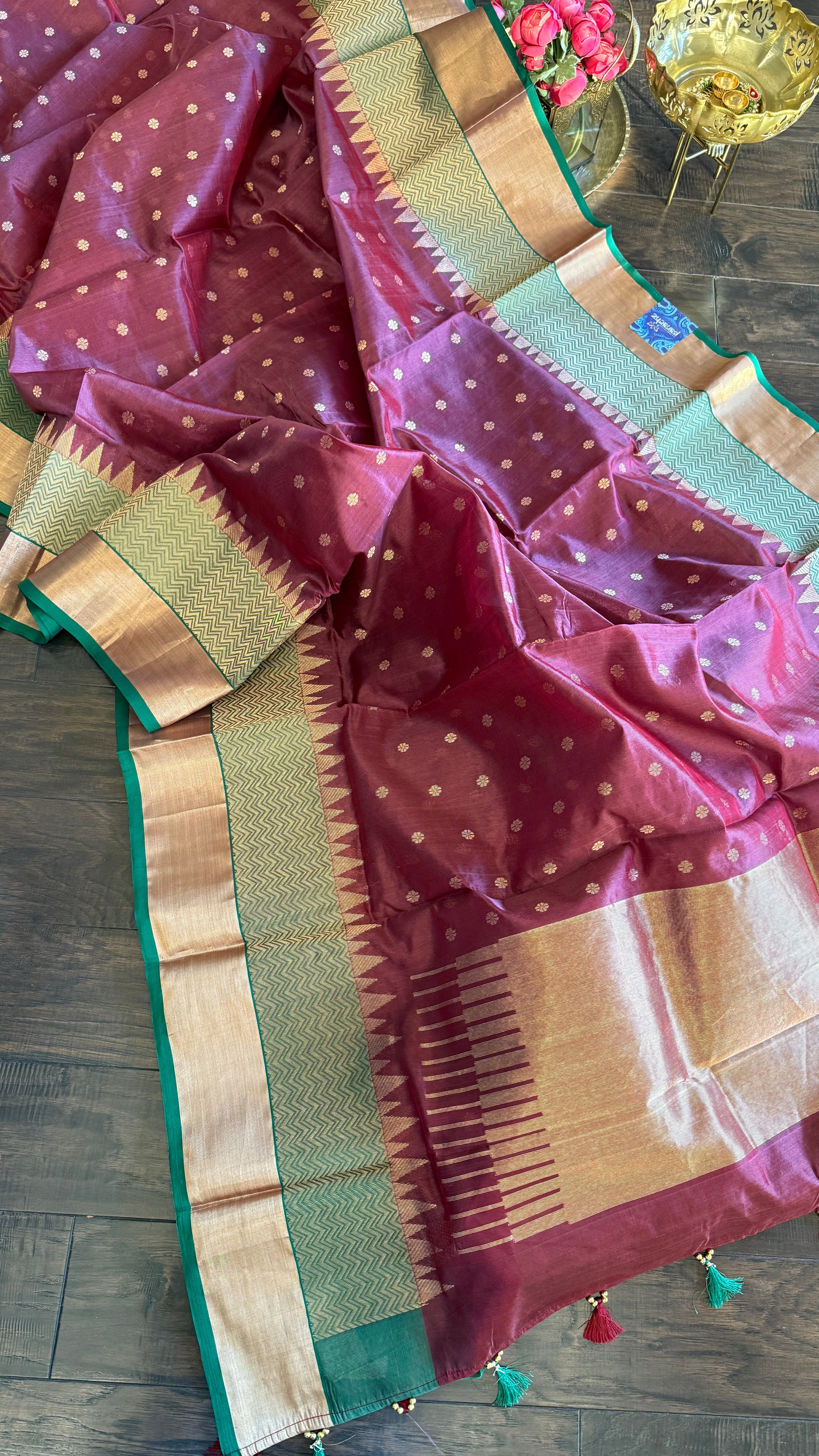 Pure Chanderi Silk - Brown Plum Green Golden Silver Zari Woven