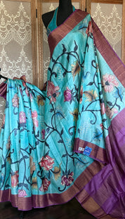 Pen Kalamkari - Aqua Blue Tussar Silk
