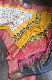 Pure Tussar Silk - Beige Red Black Yellow