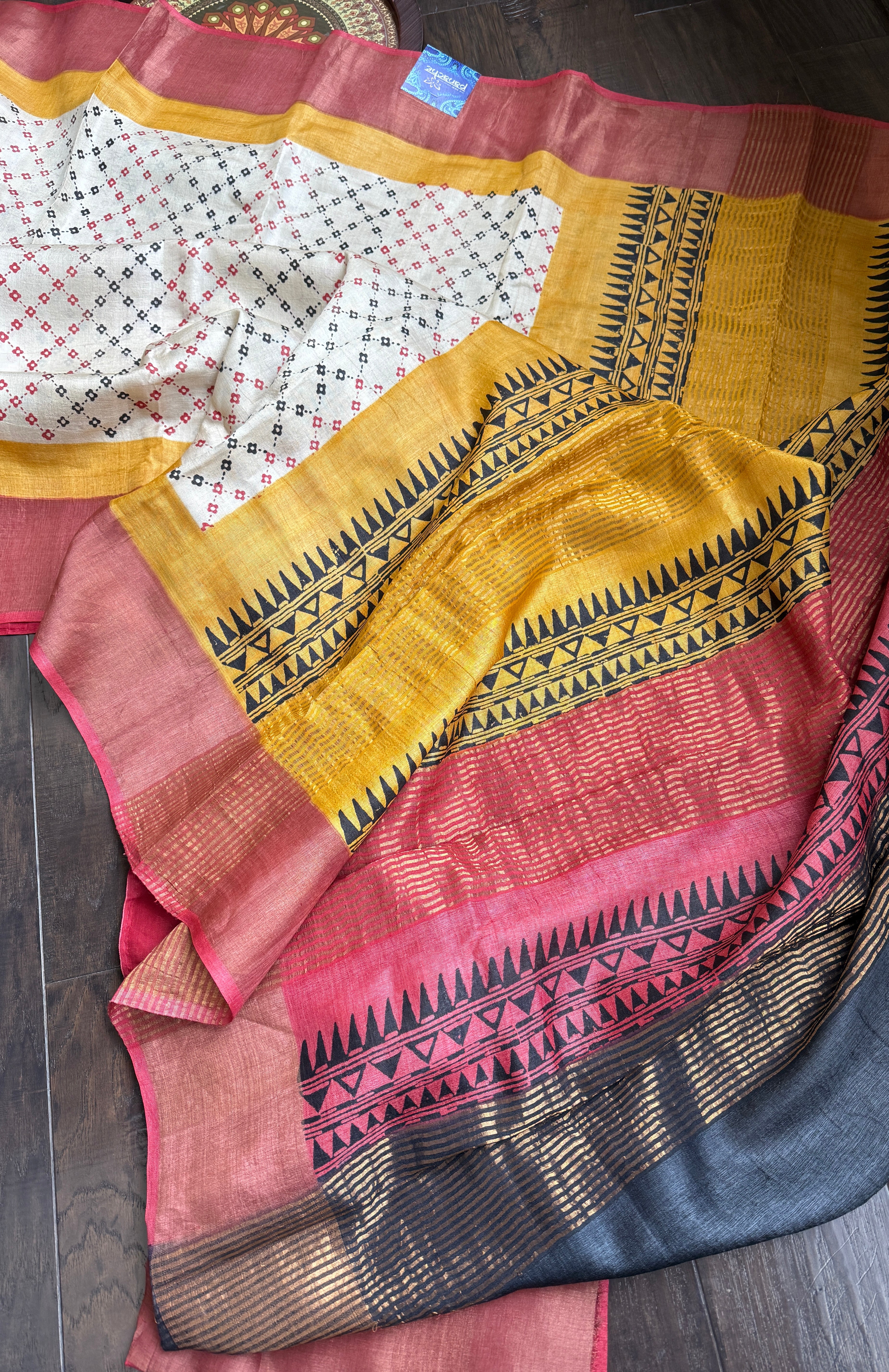 Pure Tussar Silk - Beige Red Black Yellow