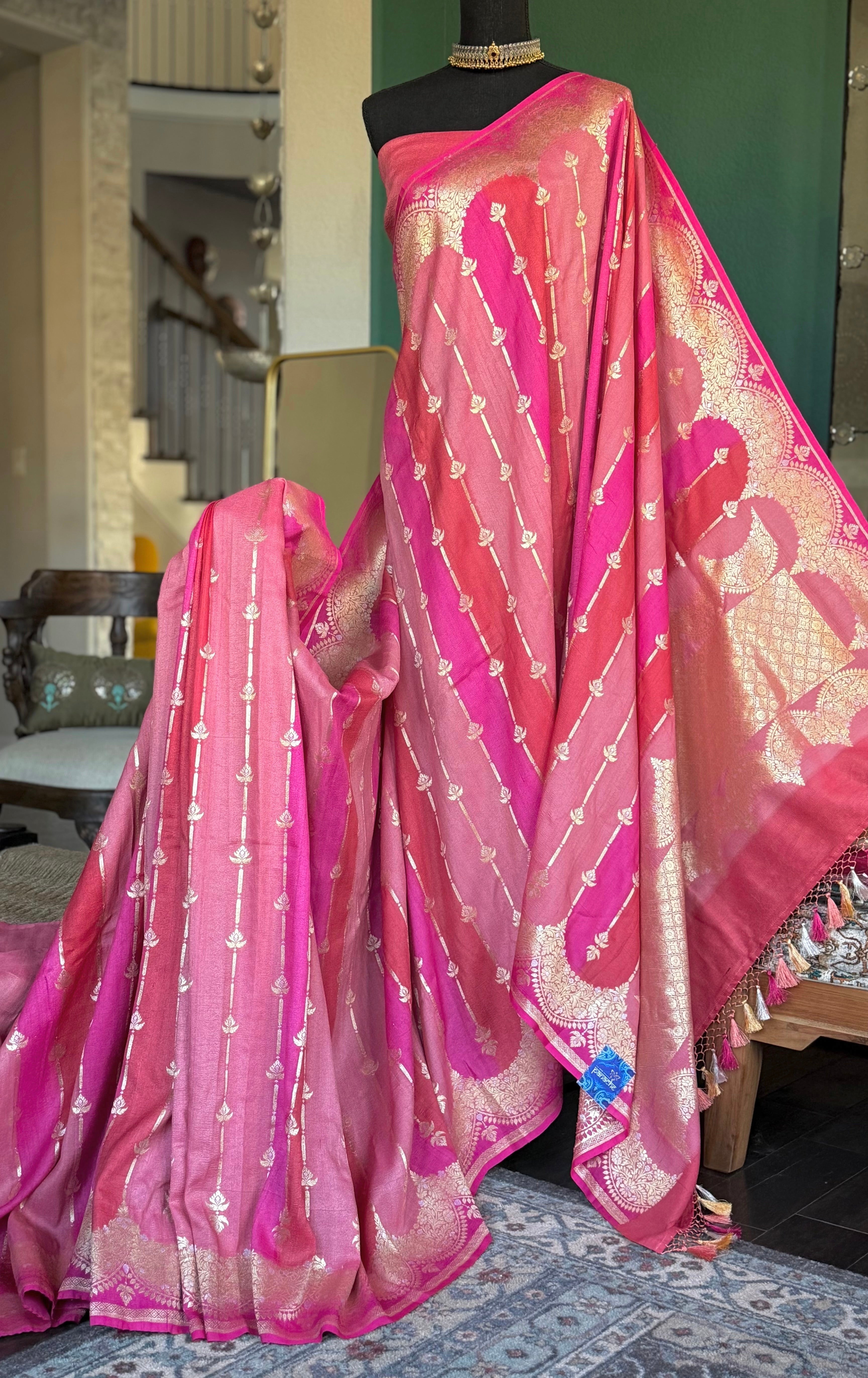 Khaddi Tussar Banarasi -  Pink Peach Rangkat