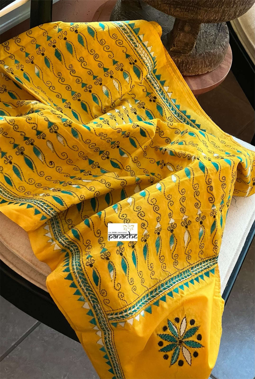 Pure Khadi Silk Yellow Green Kantha Stitch