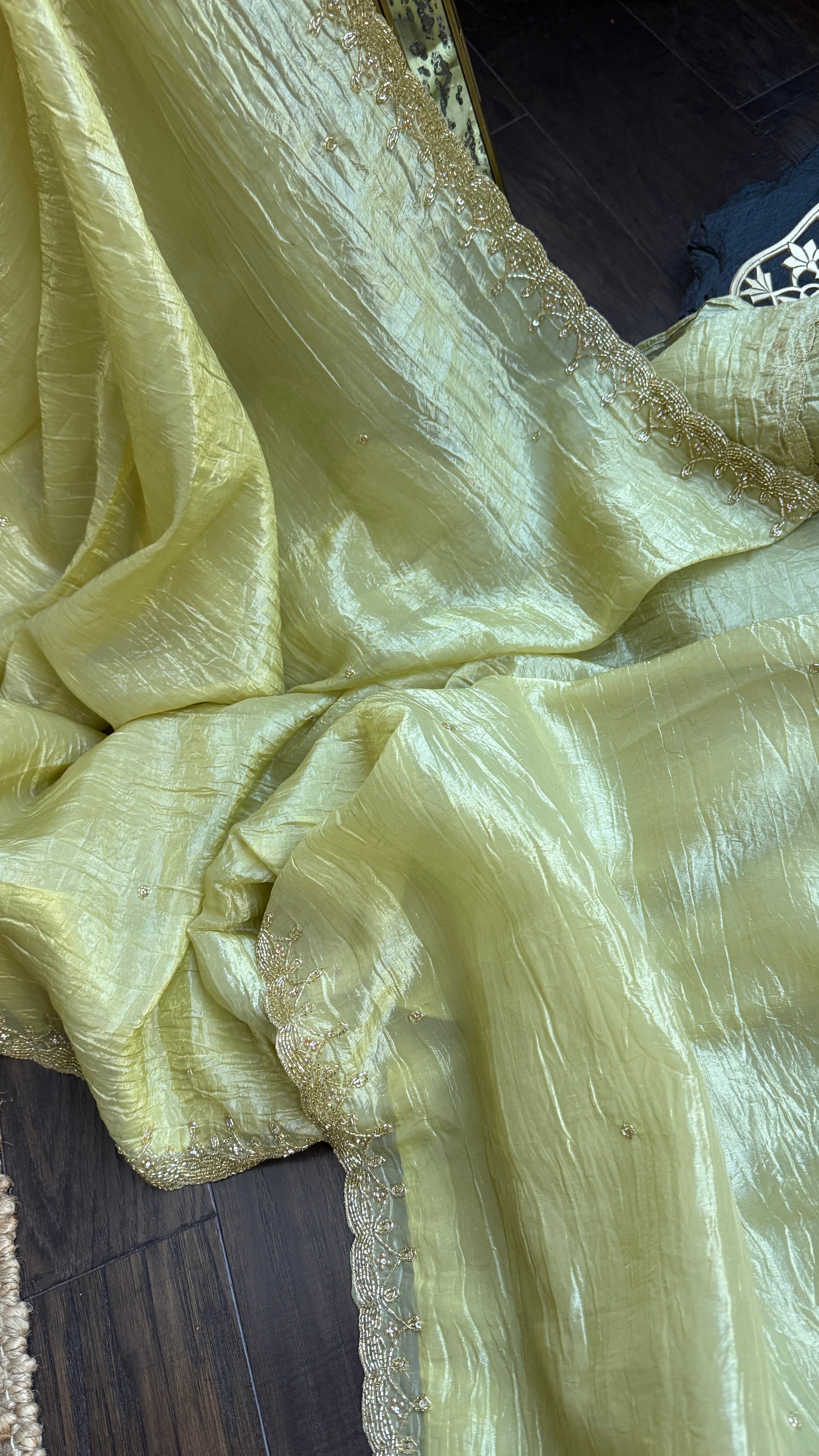 Designer Crushed Tissue Silk - Light Pista Embroidered