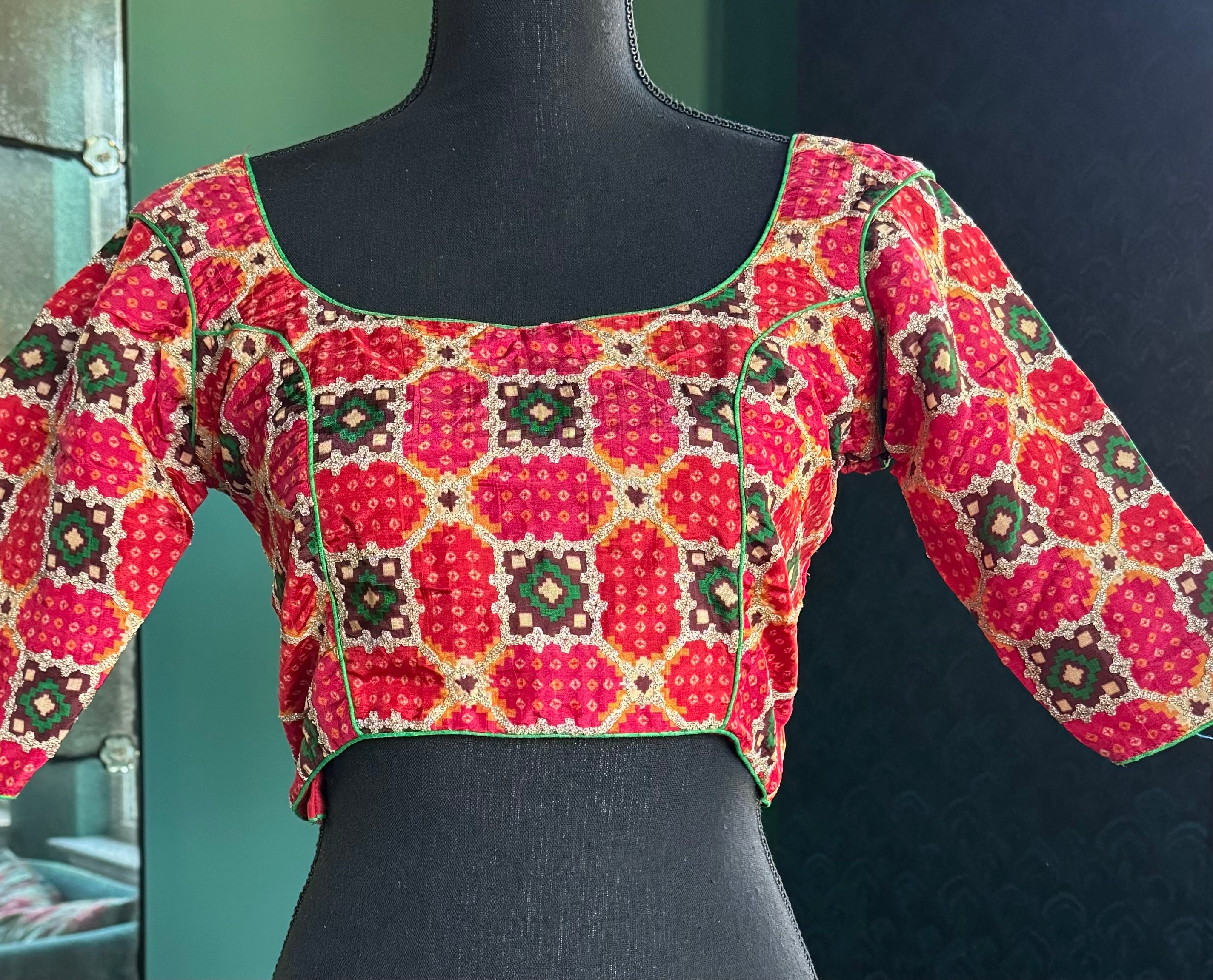 Designer Blouse - Orange Red Green Woven