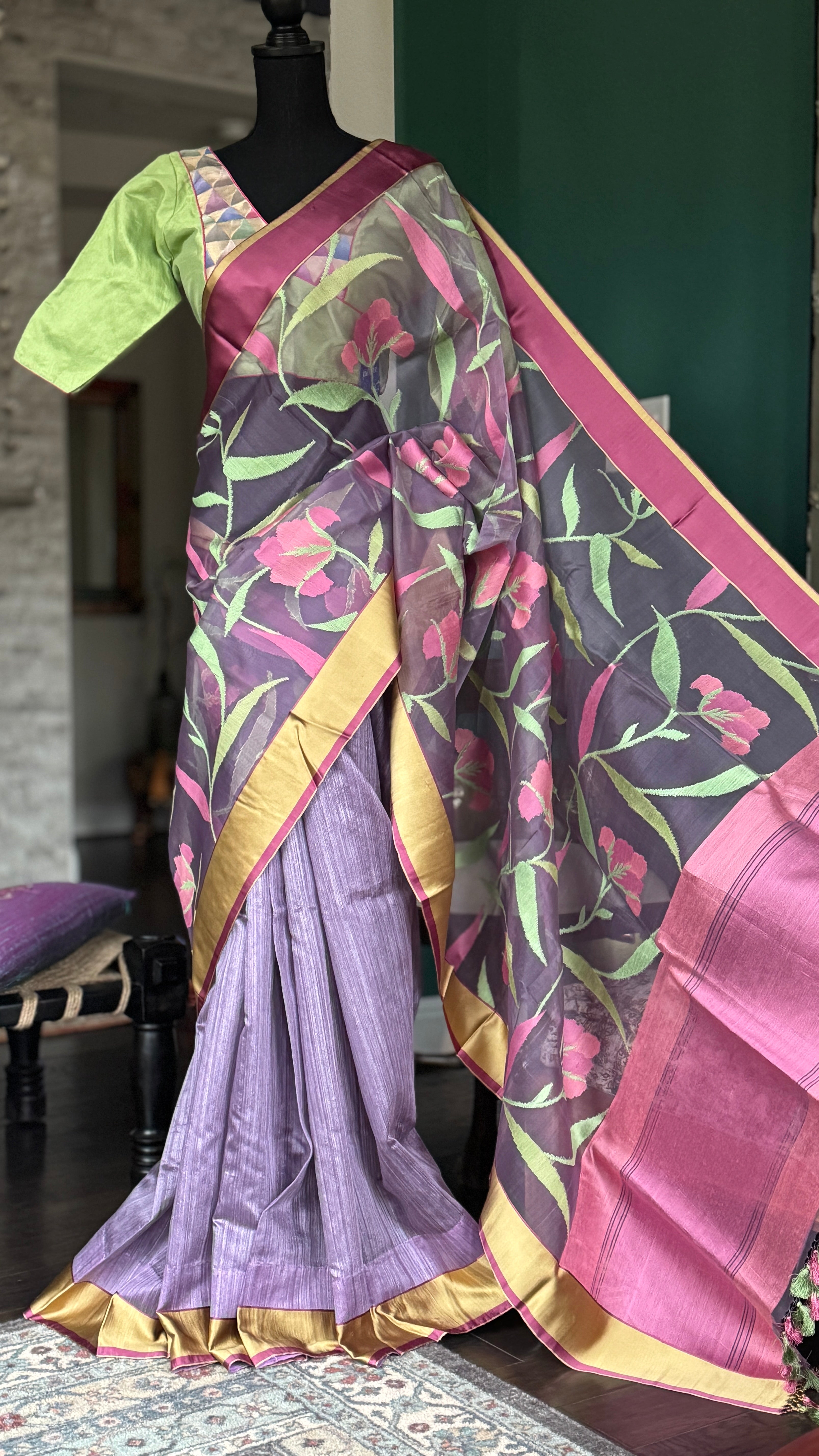 Pure Organza by Tussar Silk Banarasi - Lilac Resham Jamdani woven