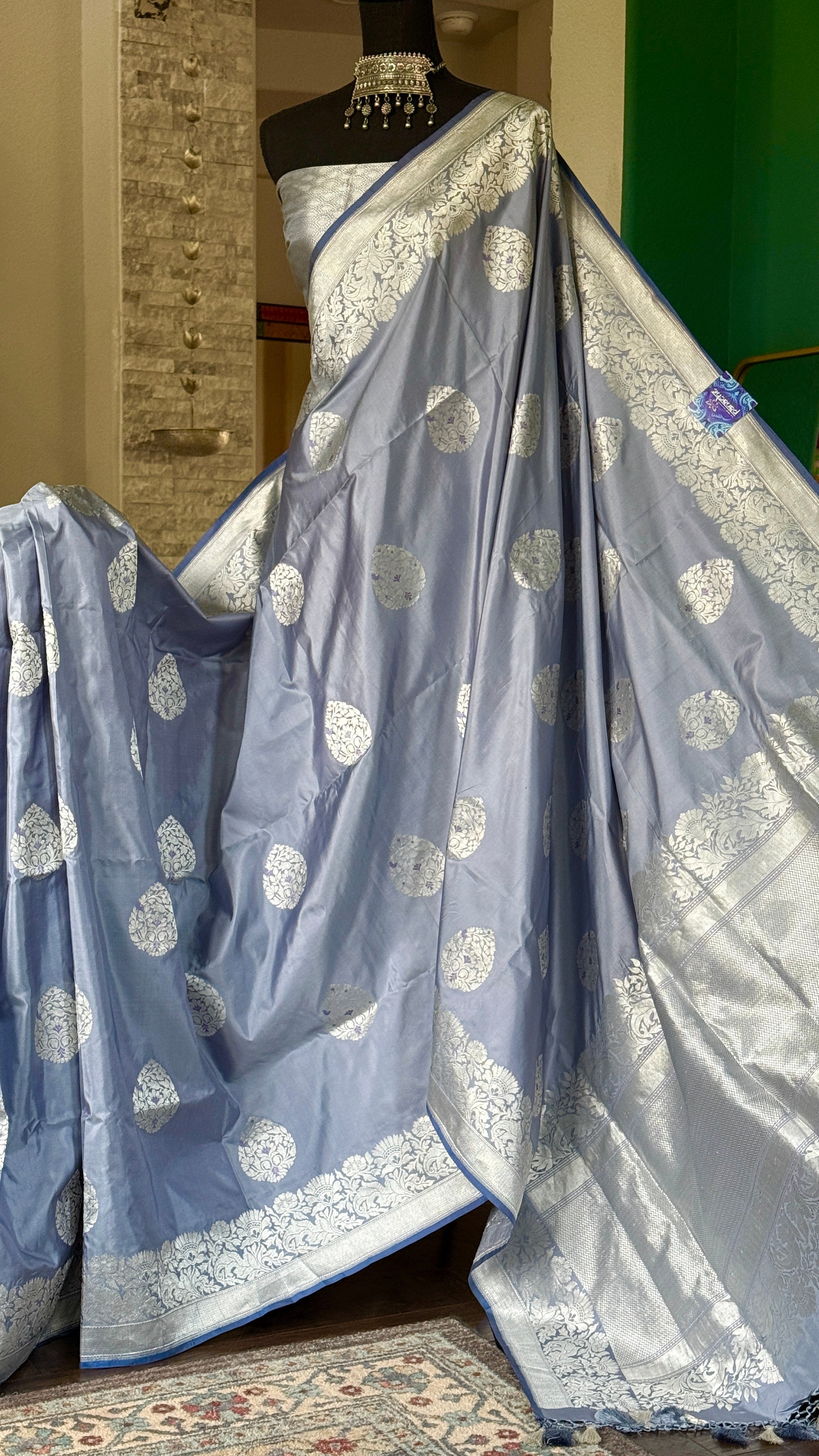 Pure Katan Silk Banarasi - Bluish Grey Meenakari Kadwa