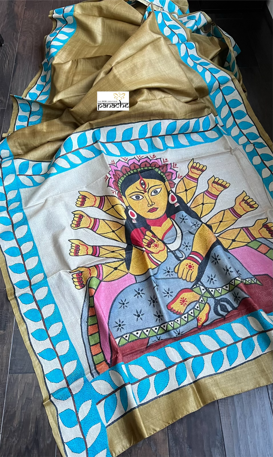 Pure Tussar Silk Sujni Kantha Stitch - Moss Brown Ma Durga