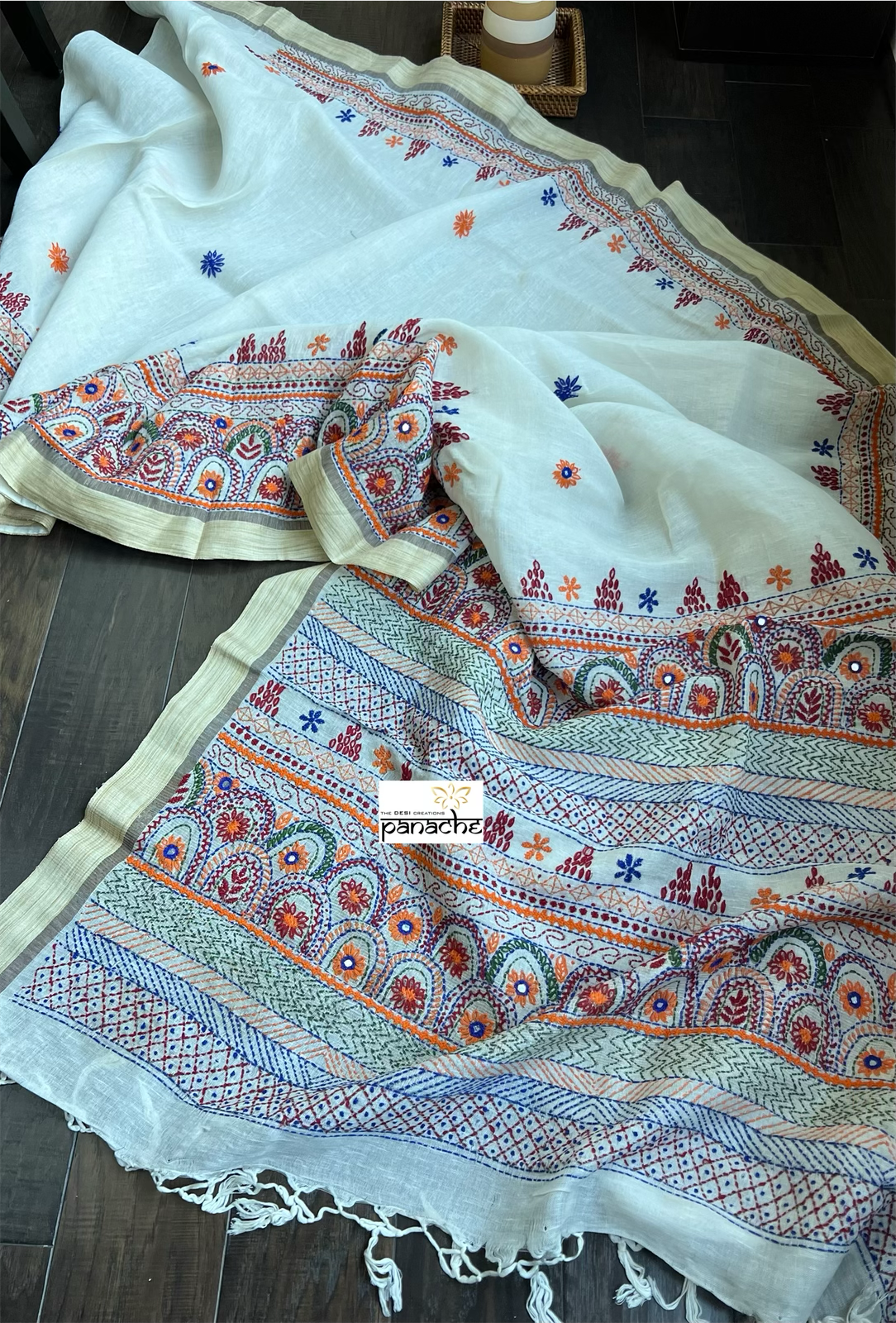 Pure Linen Silk Lambani - Off White Hand Embroidered