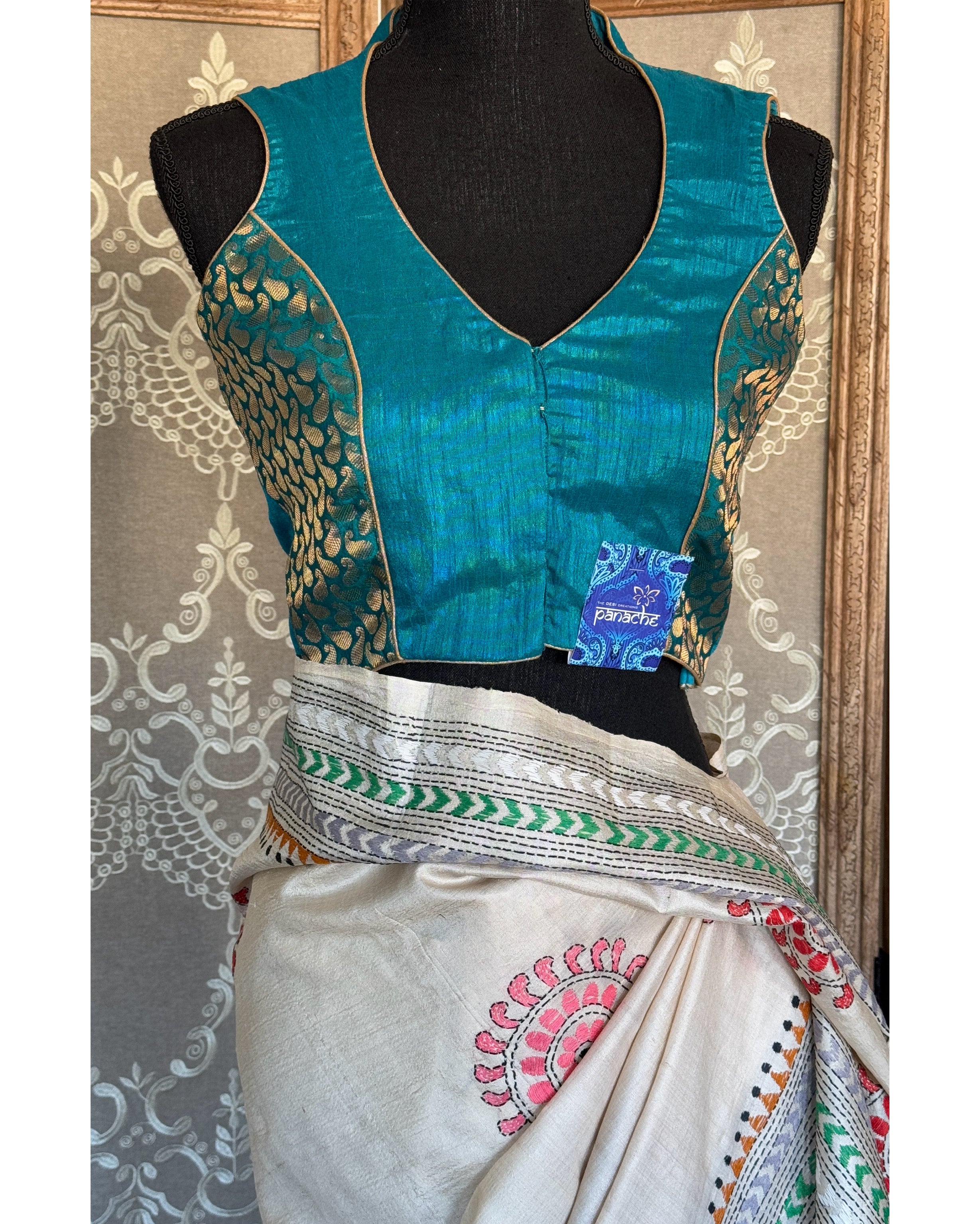 Designer Blouse - Teal Blue Golden Zari