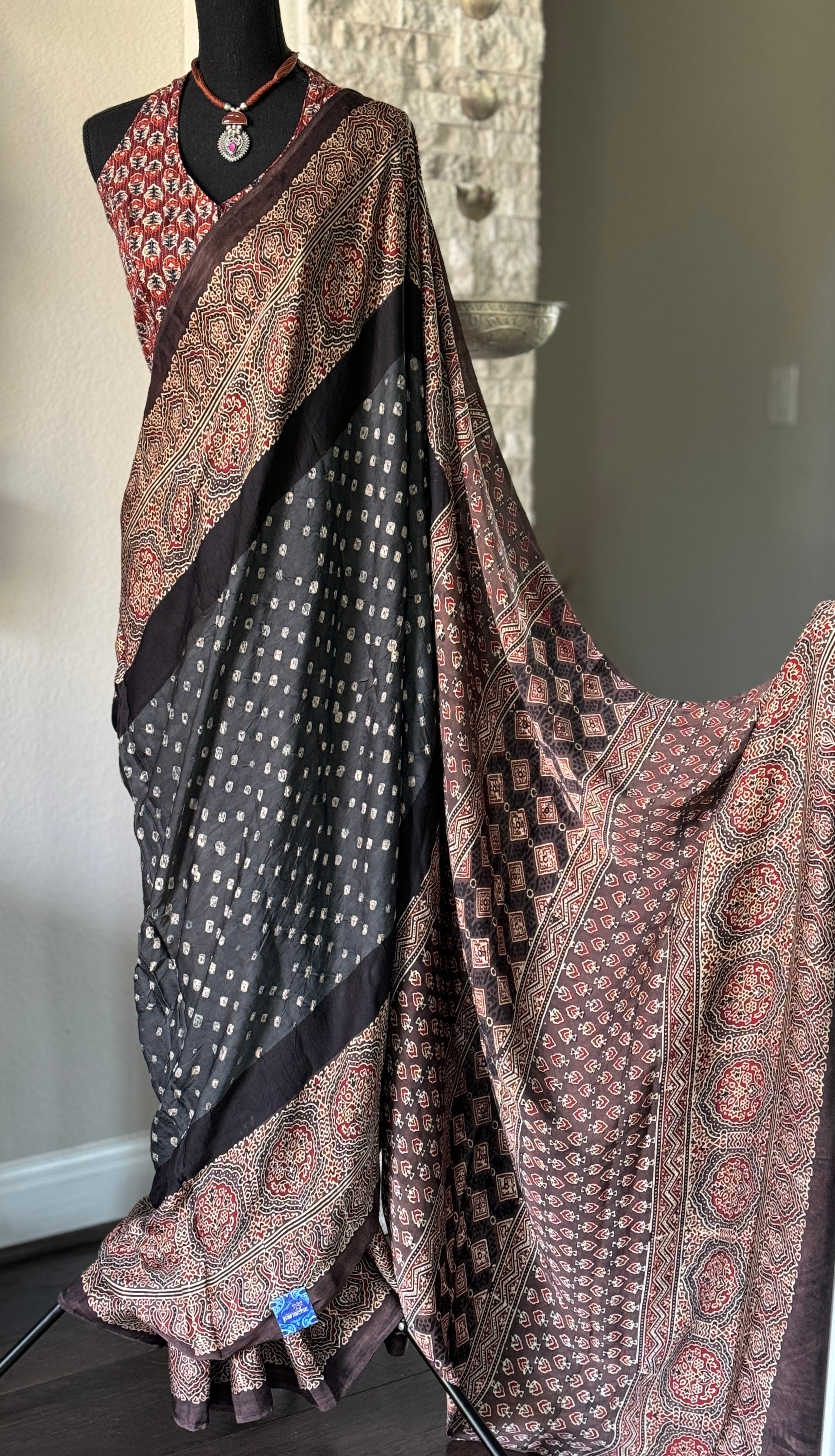 Modal Silk Bandhej Ajrakh - Grey Brown
