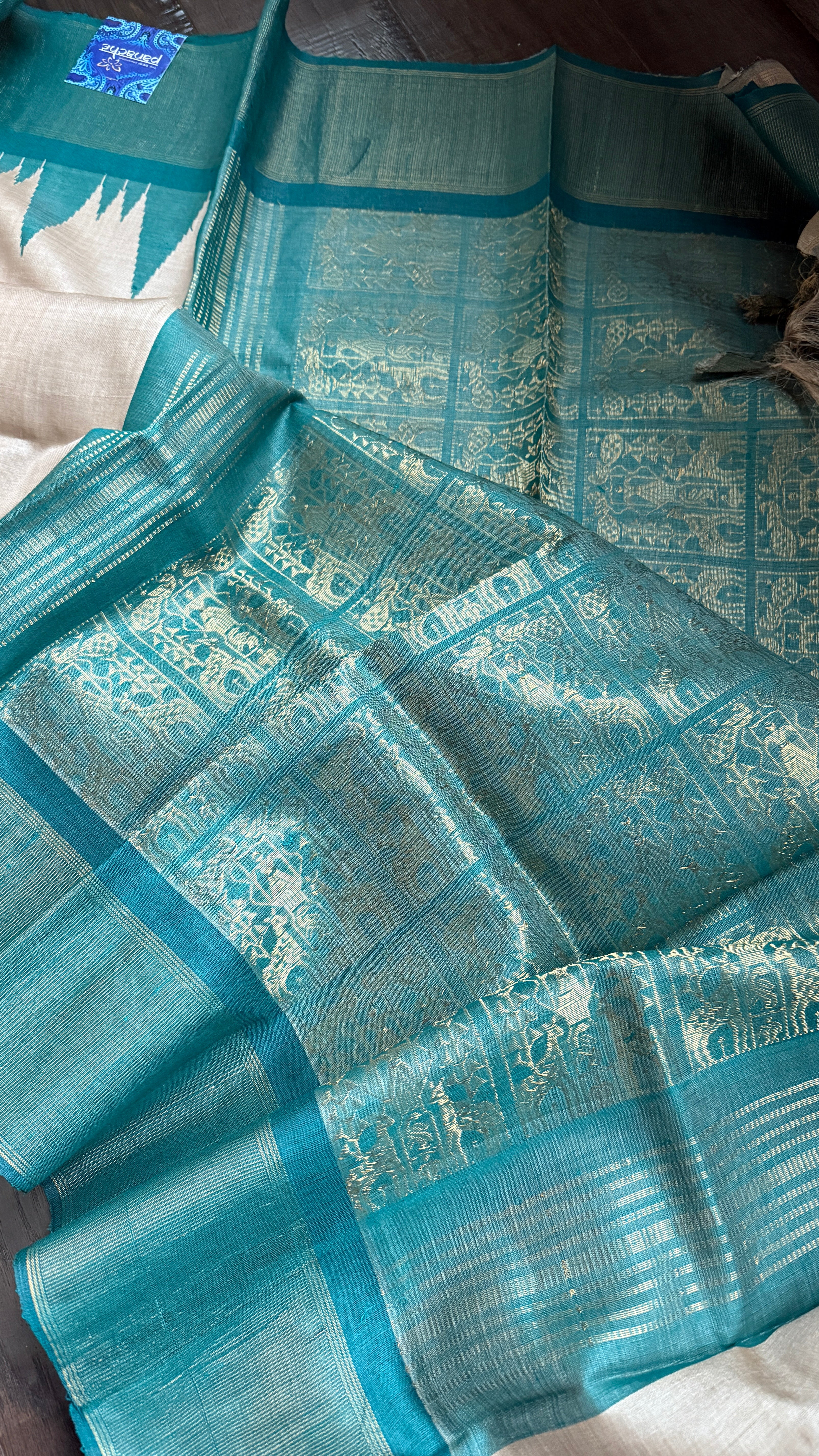 Pure Tussar Silk - Beige Teal Green