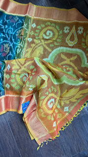 Pure Cotton Silk Ikat - Teal Green Orange