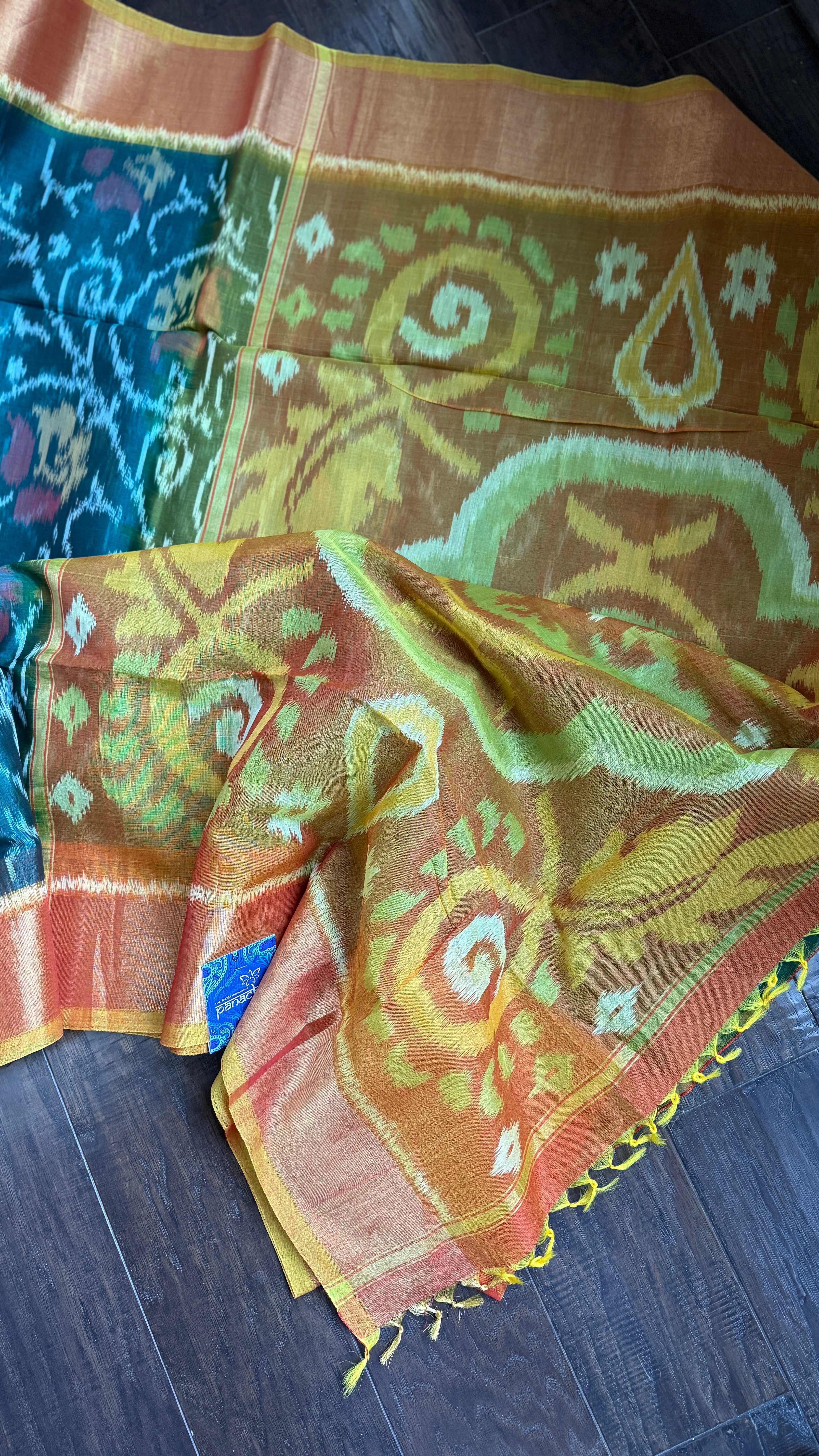 Pure Cotton Silk Ikat - Teal Green Orange