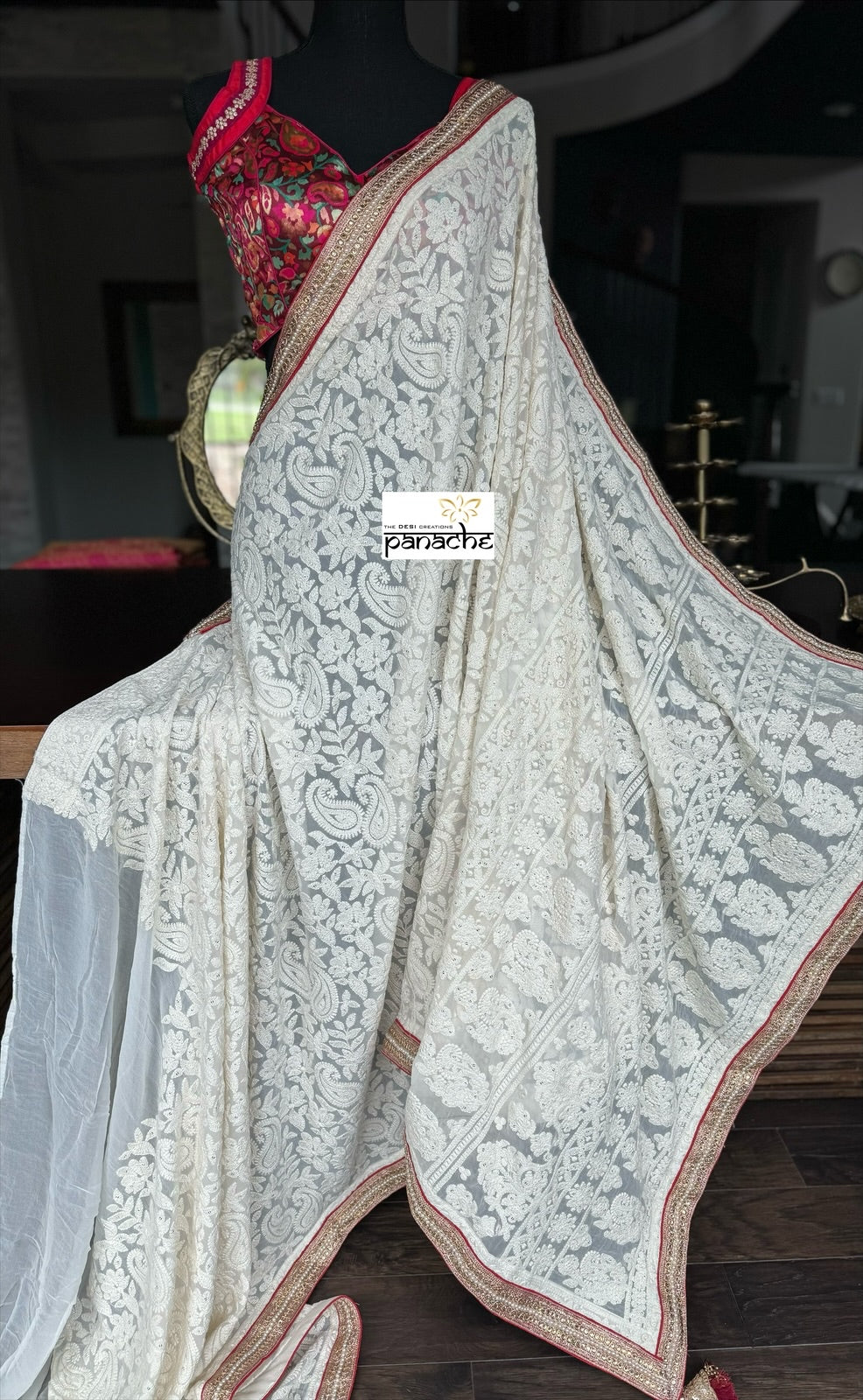 Designer Pure Georgette Chikankari - Ivory Paisley Gota Patti