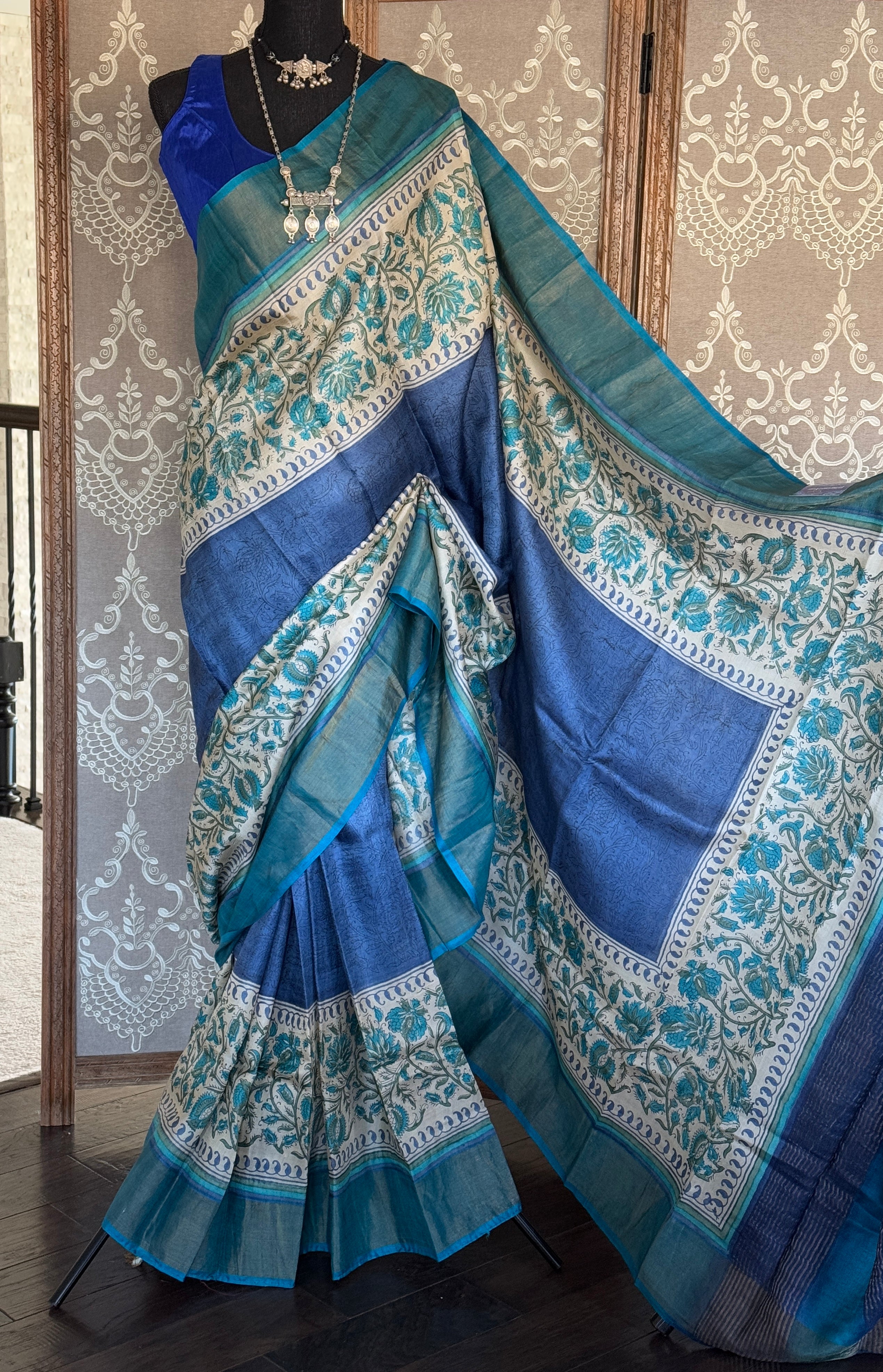 Pure Tussar Silk - Indigo Blue Hand Block Printed