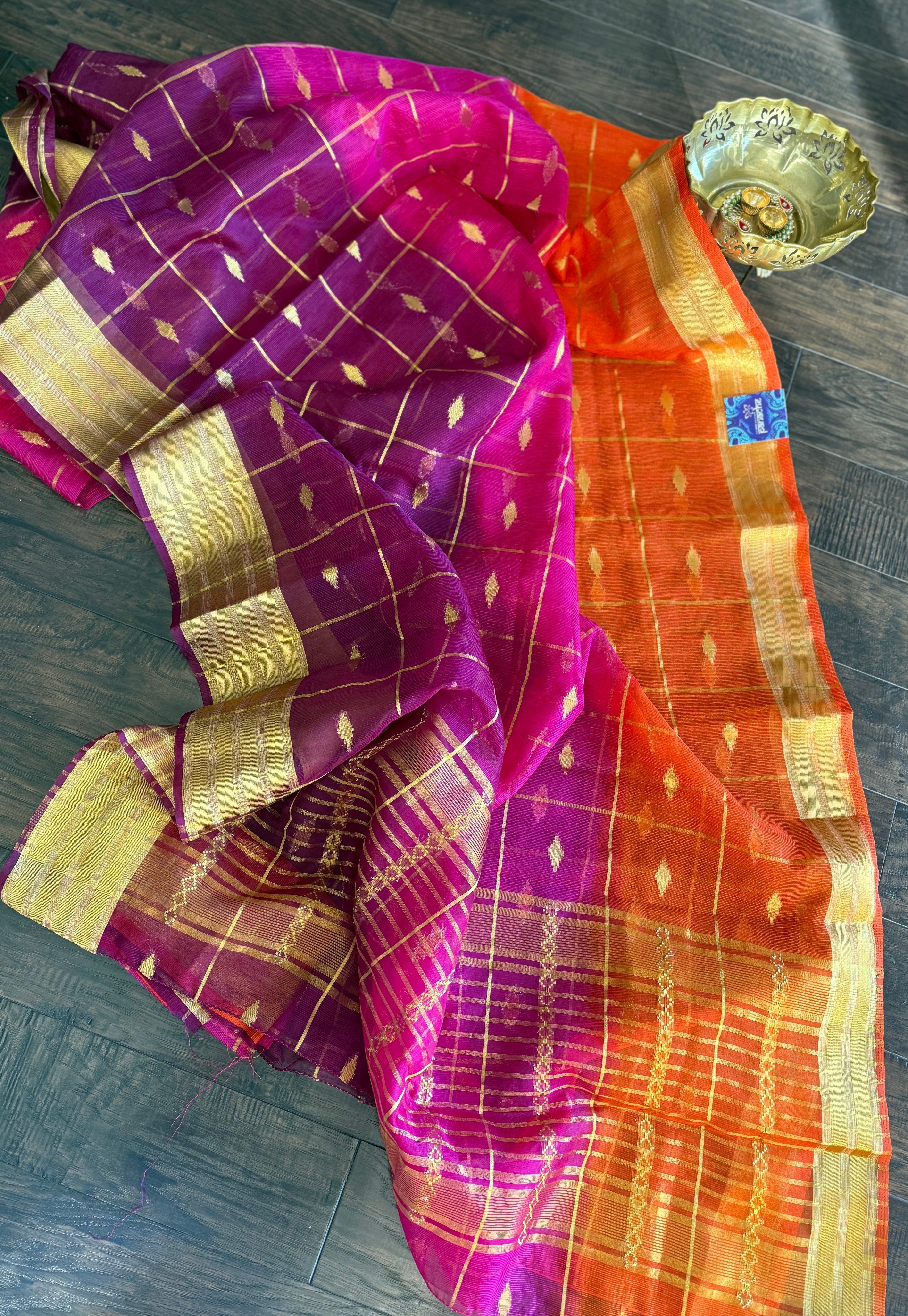 Soft Dupion Cotton Saree - Orange Magenta Purple