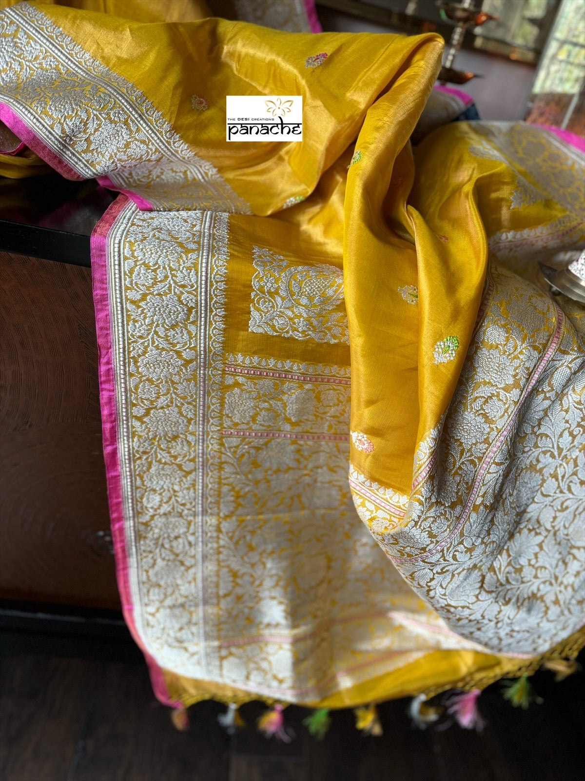 Pure Tissue Katan Silk Banarasi - Yellow Pink Woven