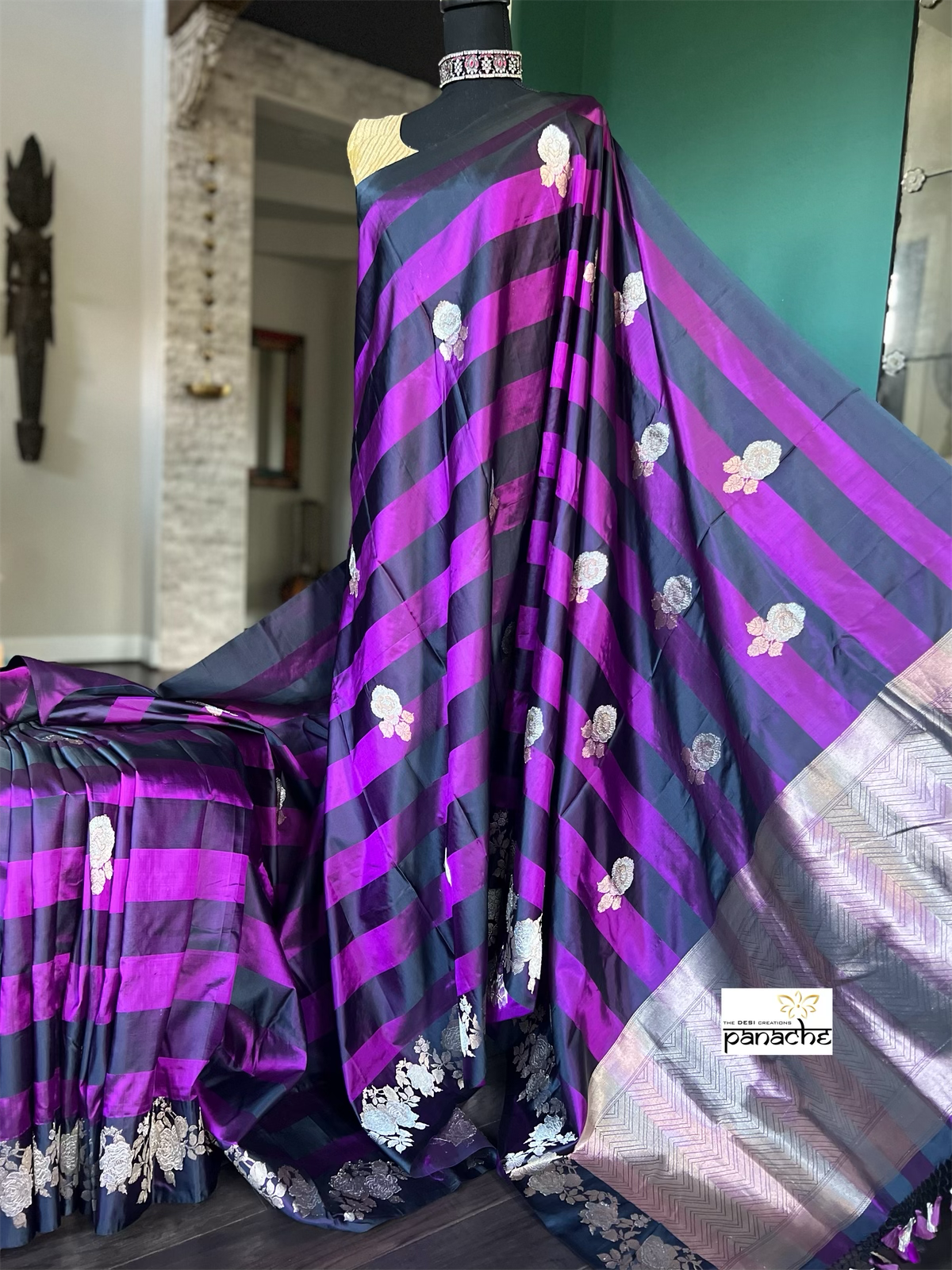 Pure Silk Mashru Banarasi- Black Purple Antique Zari