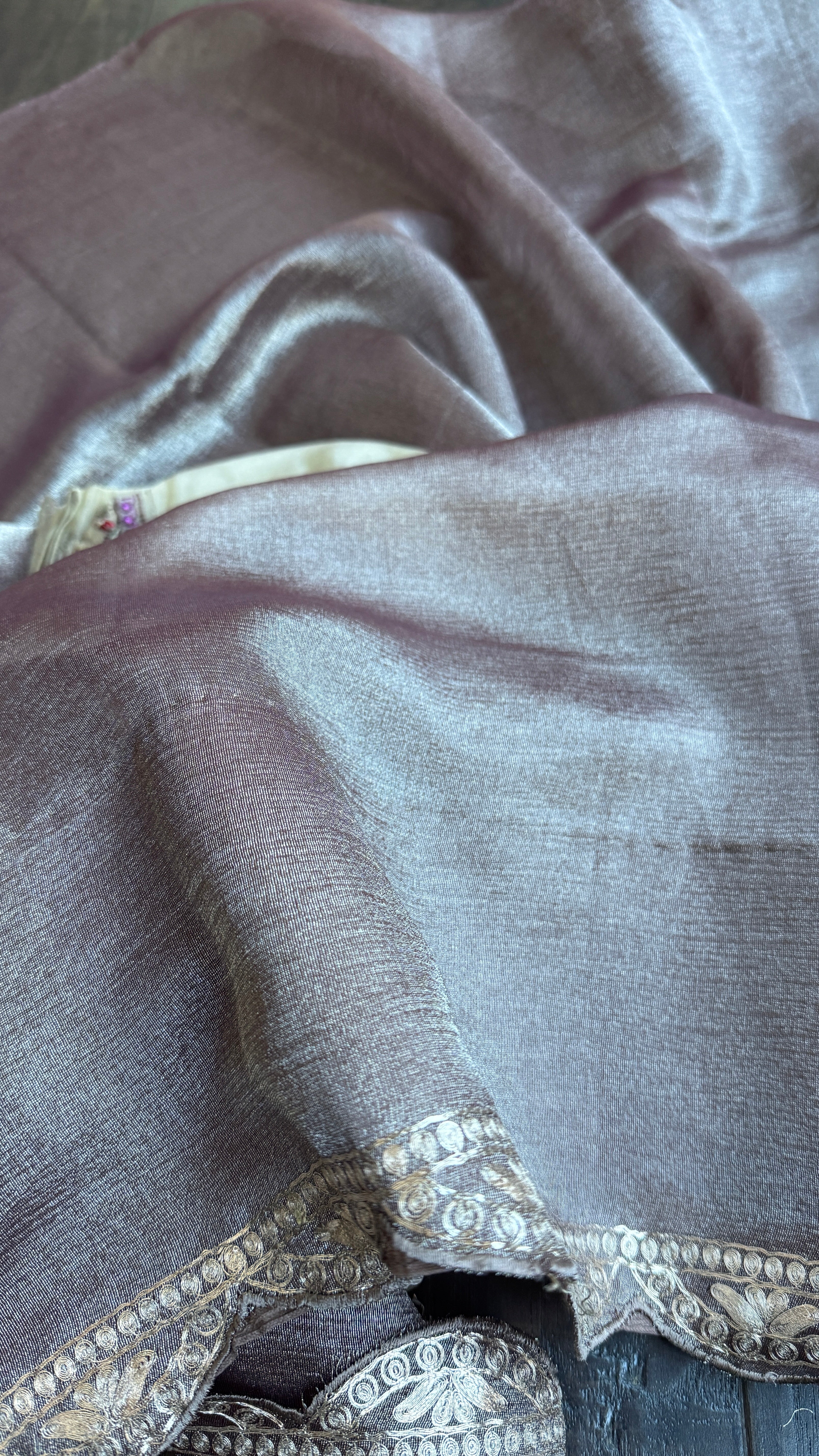 Designer Crushed Tissue Georgette - Brown Hand Pitta Work