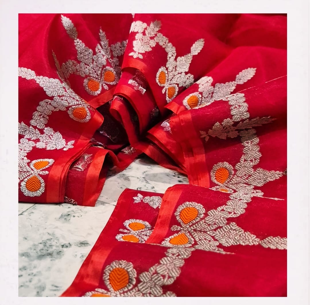 Pure Chanderi Pattu Silk - Red Silver Zari