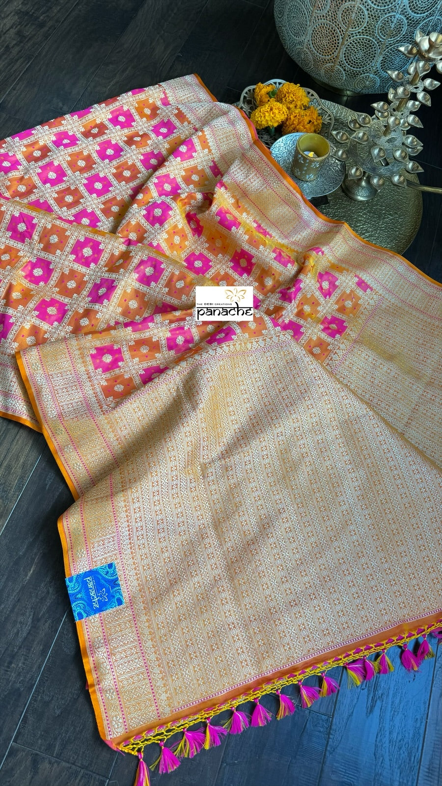 Soft Silk Banarasi - Mustard Yellow Pink Golden Zari