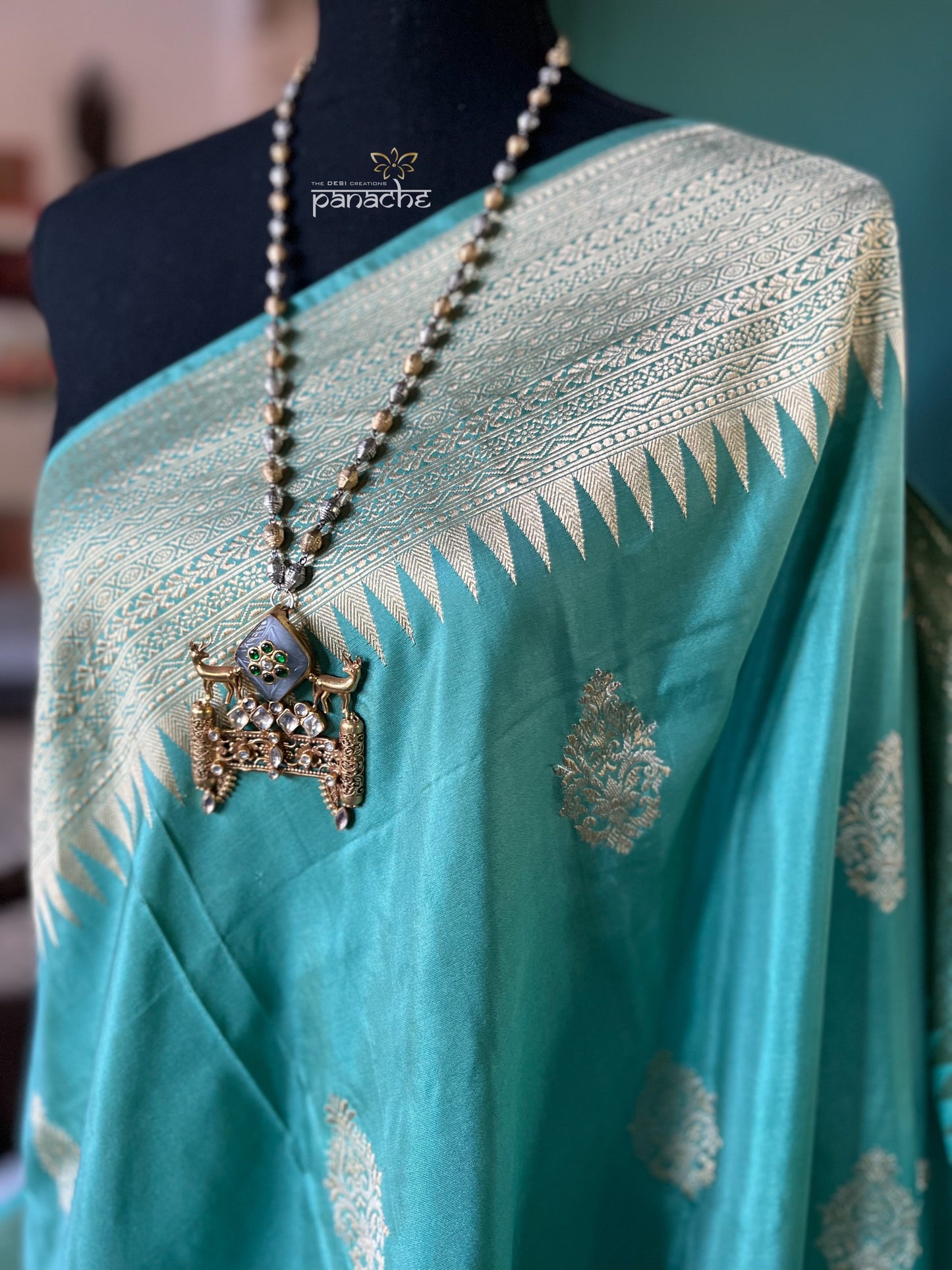 Pure Katan Silk Banarasi - Aqua Sea Green Antique Zari