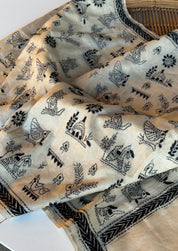Pure Tussar Silk Stole - Beige Black Kantha Stitch