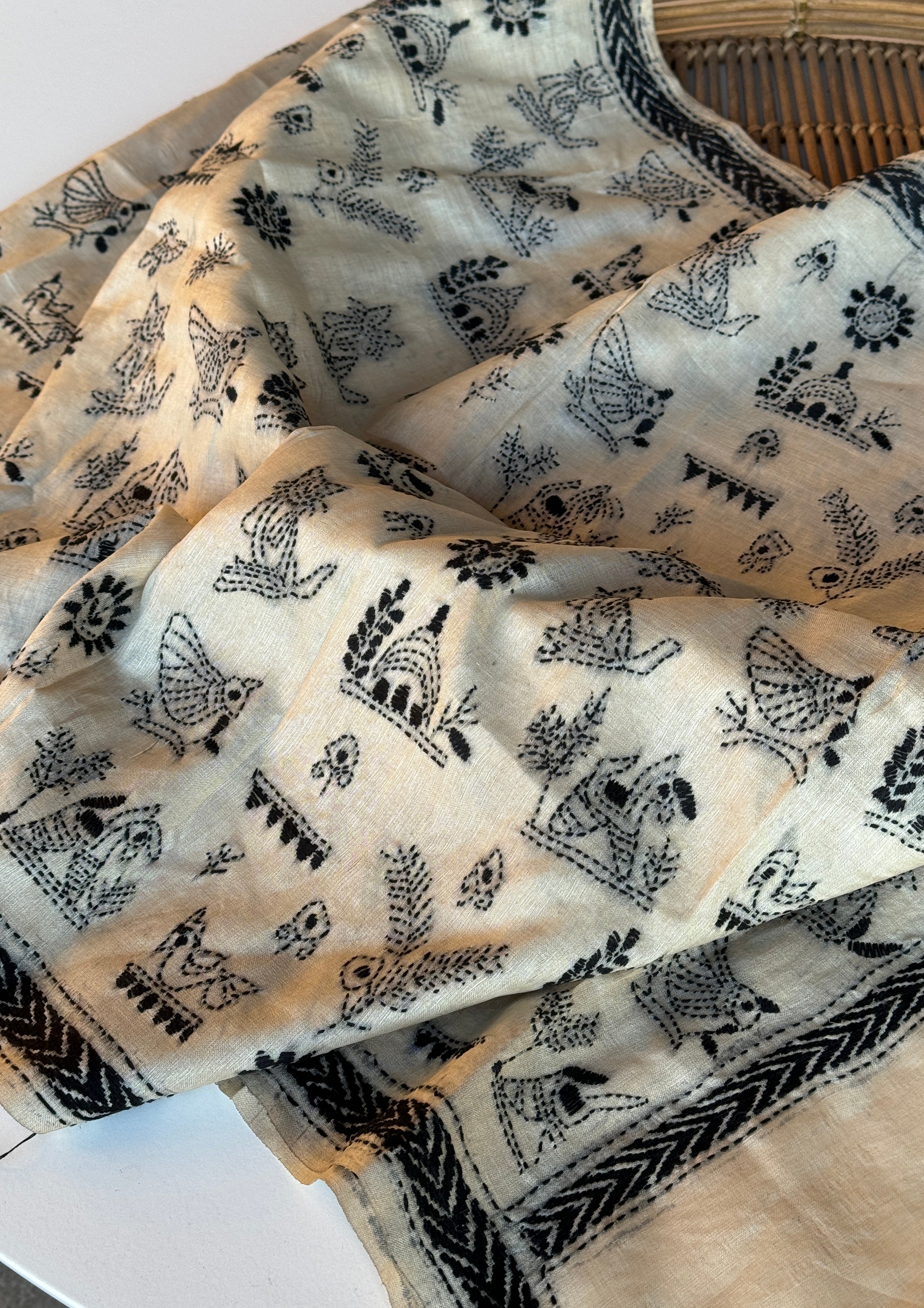 Pure Tussar Silk Stole - Beige Black Kantha Stitch