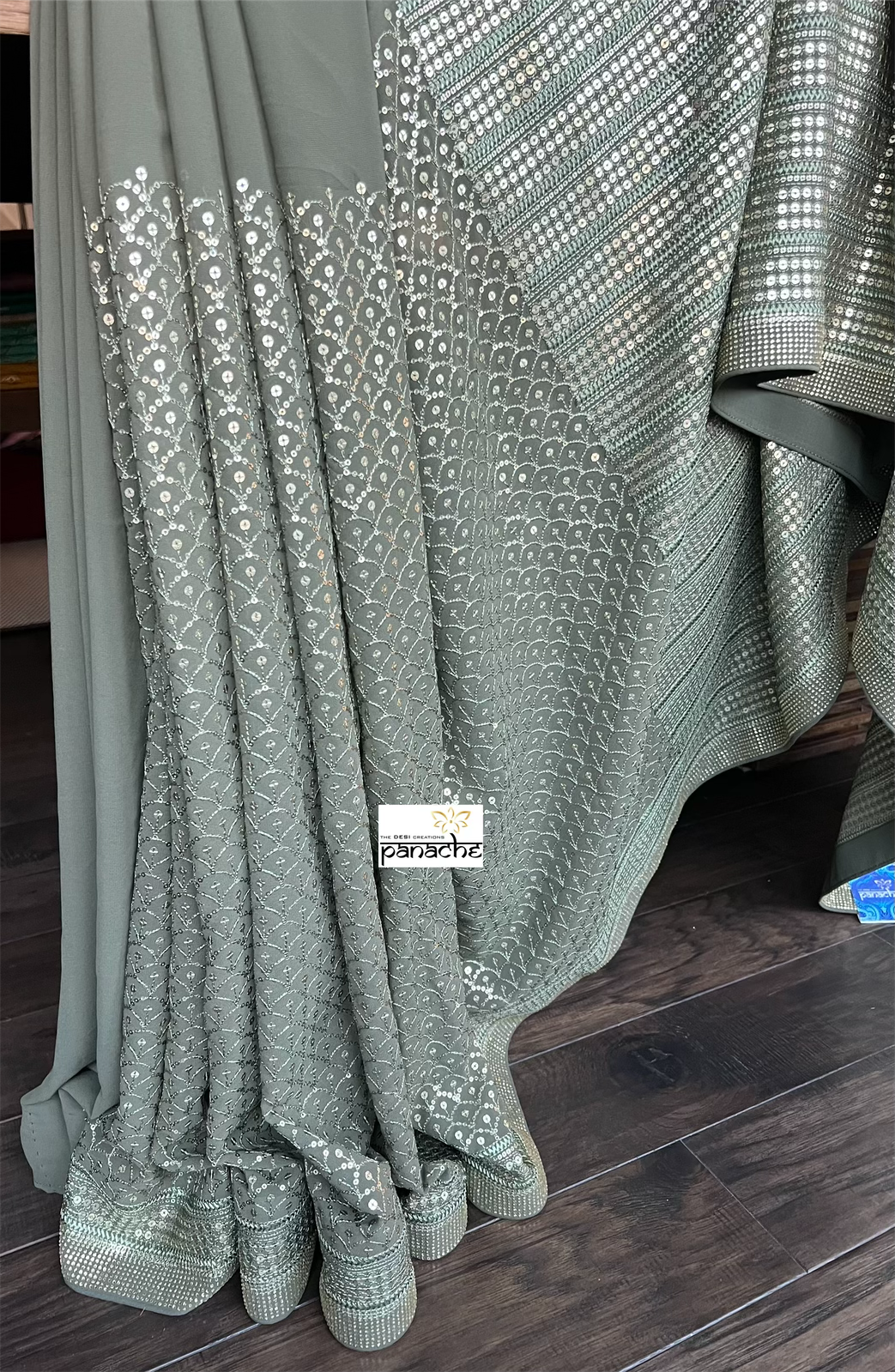 Designer Sequin Georgette - Light Moss Green Sequin work