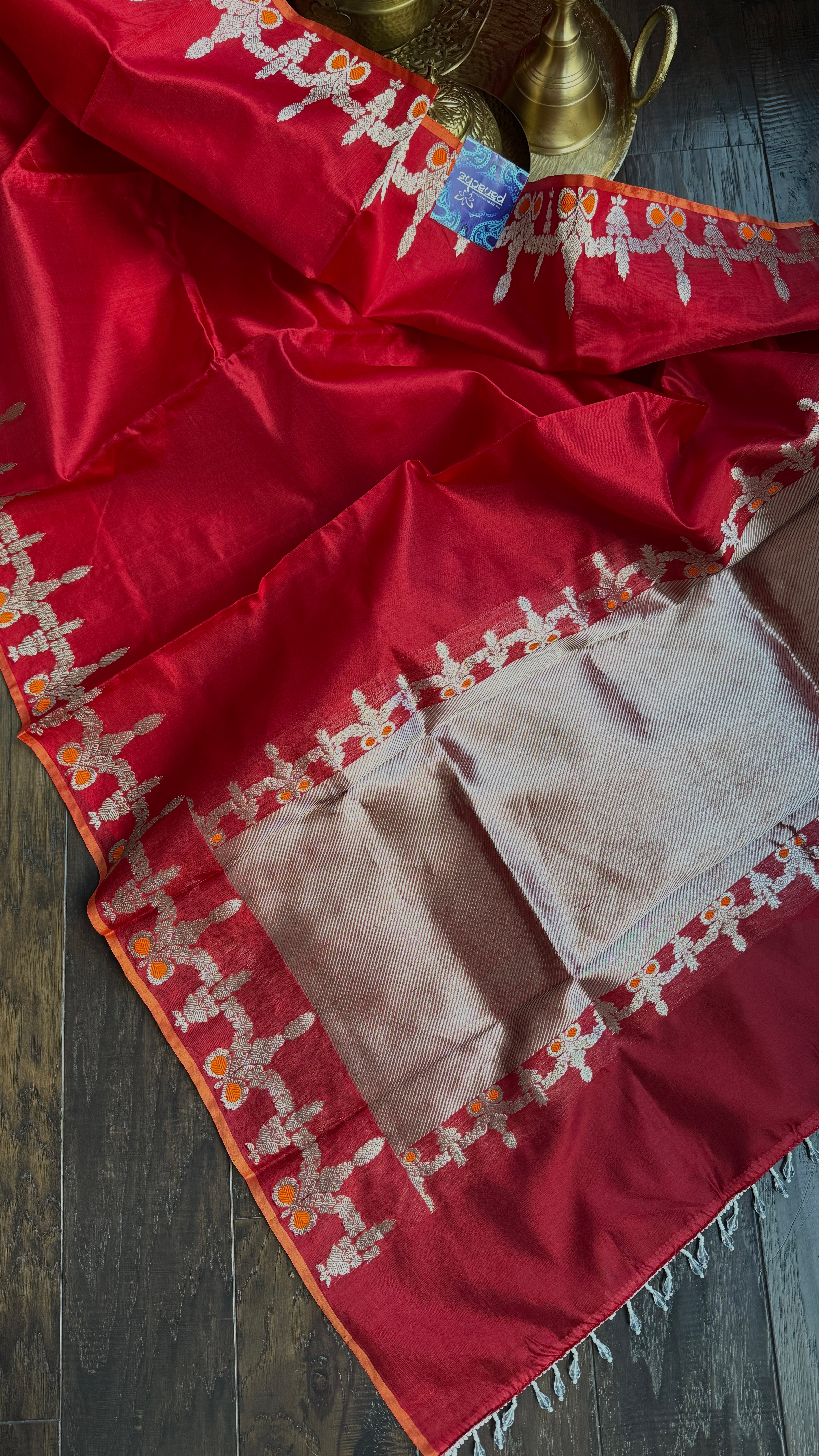 Pure Chanderi Pattu Silk - Red Silver Zari
