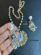 Silver Long Necklace - Blue Kundan Pendant