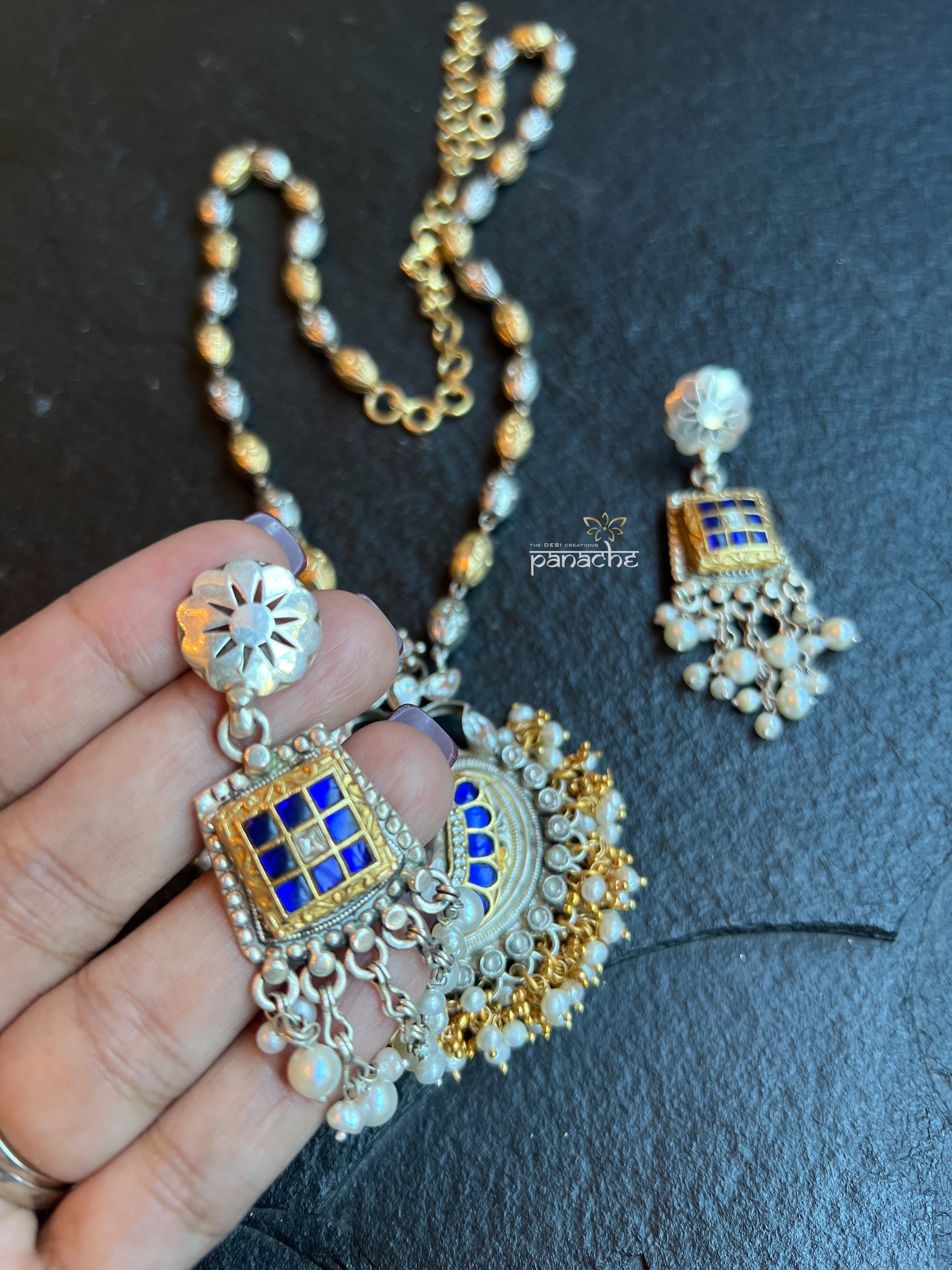 Silver Long Necklace - Blue Kundan Pendant