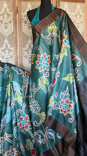 Pen Kalamkari Tussar Silk - Teal Hand-painted
