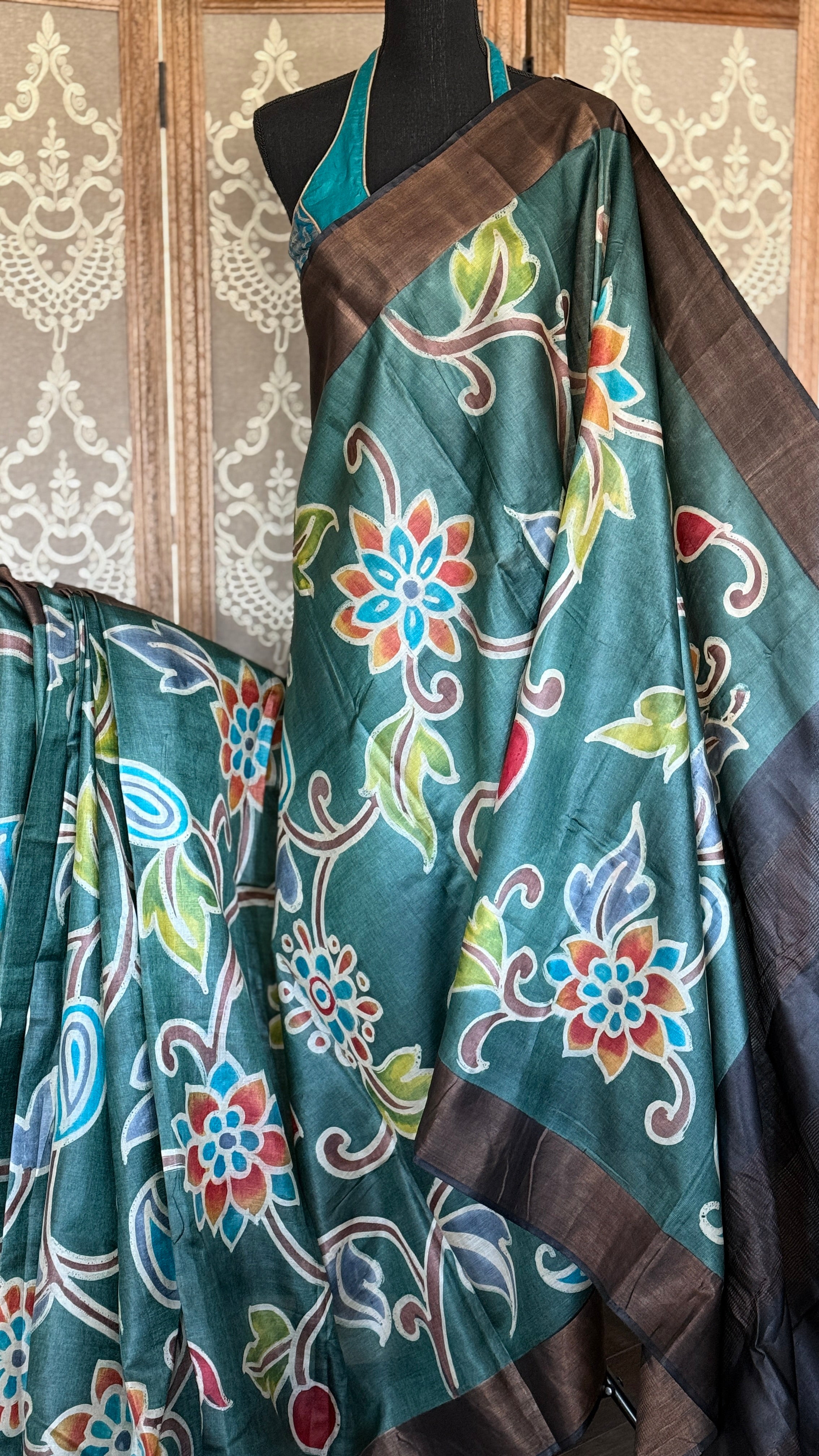 Pen Kalamkari Tussar Silk - Teal Hand-painted