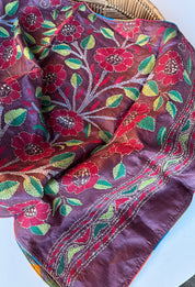 Pure Tussar Silk Stole - Wine Color Kantha Stitch