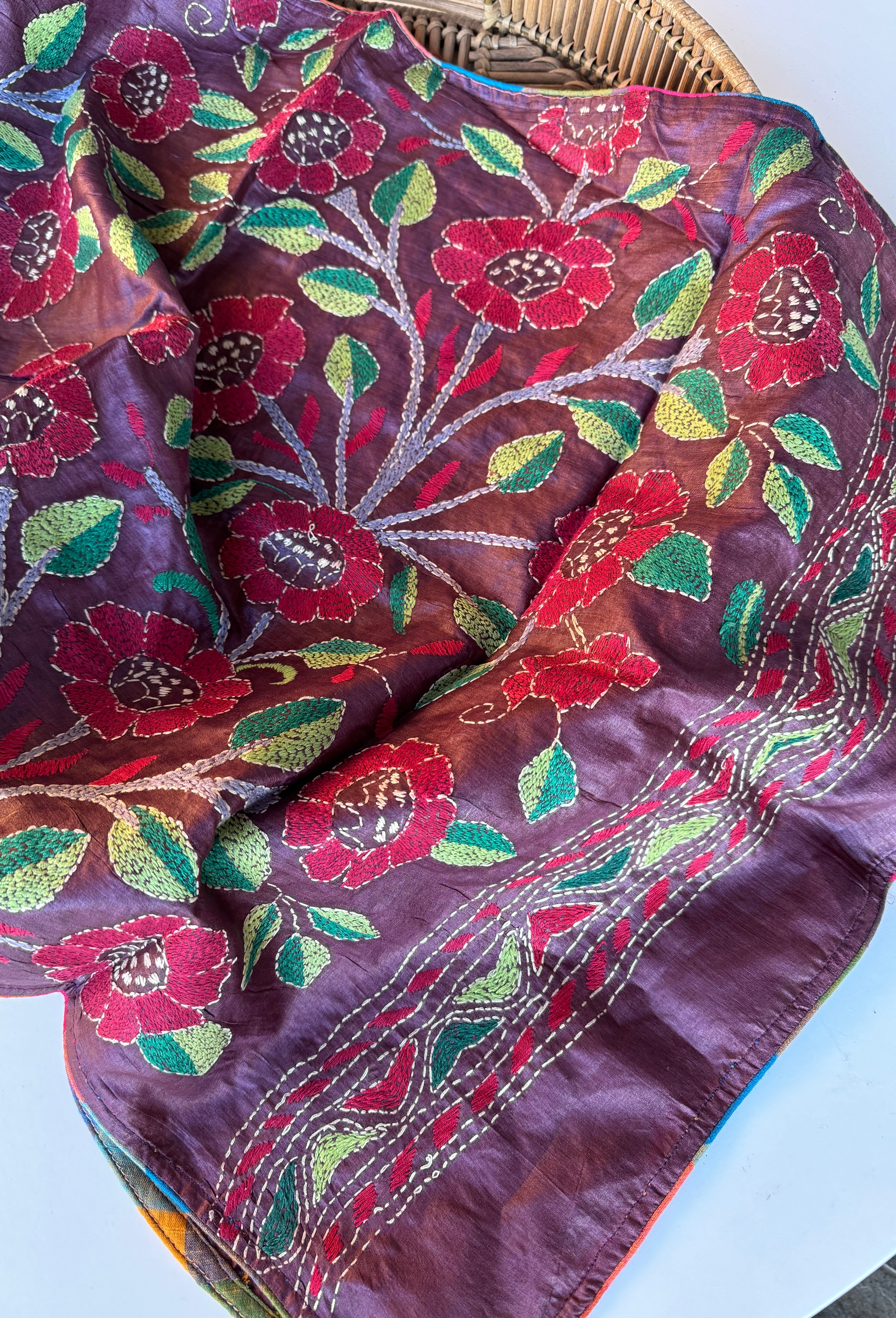 Pure Tussar Silk Stole - Wine Color Kantha Stitch