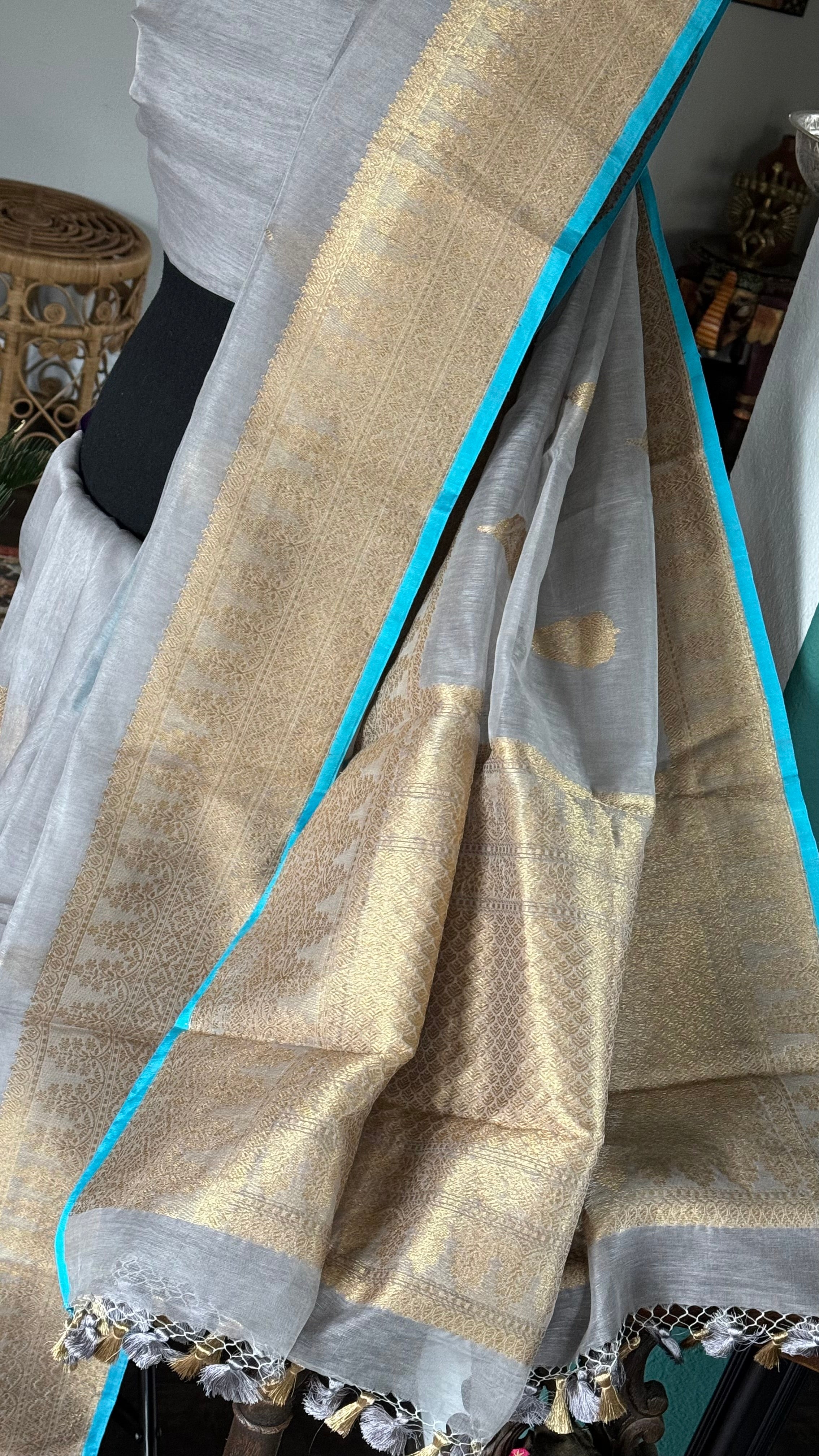 Linen Silk Banarasi - Grey Firozi