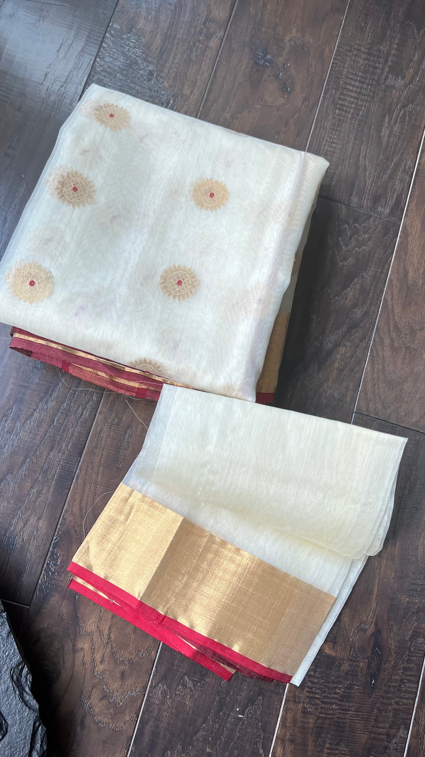 Pure Chanderi Organza Silk - Beige Golden Red Iknaliya