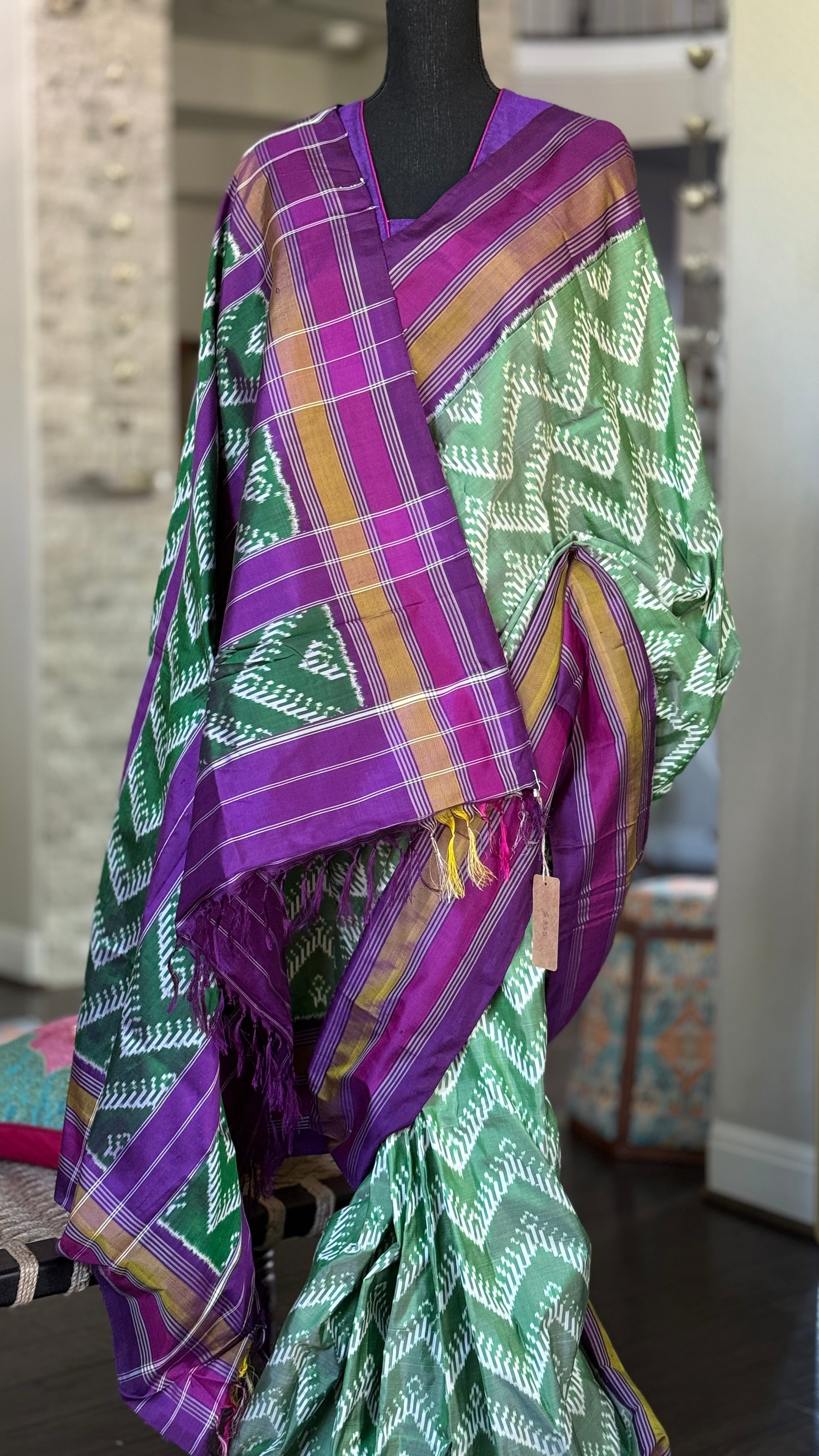 Pure Silk Ikat -  Green Purple Pochampally