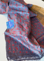 Pure Tussar Silk Stole - Grey Red Kantha Stitch