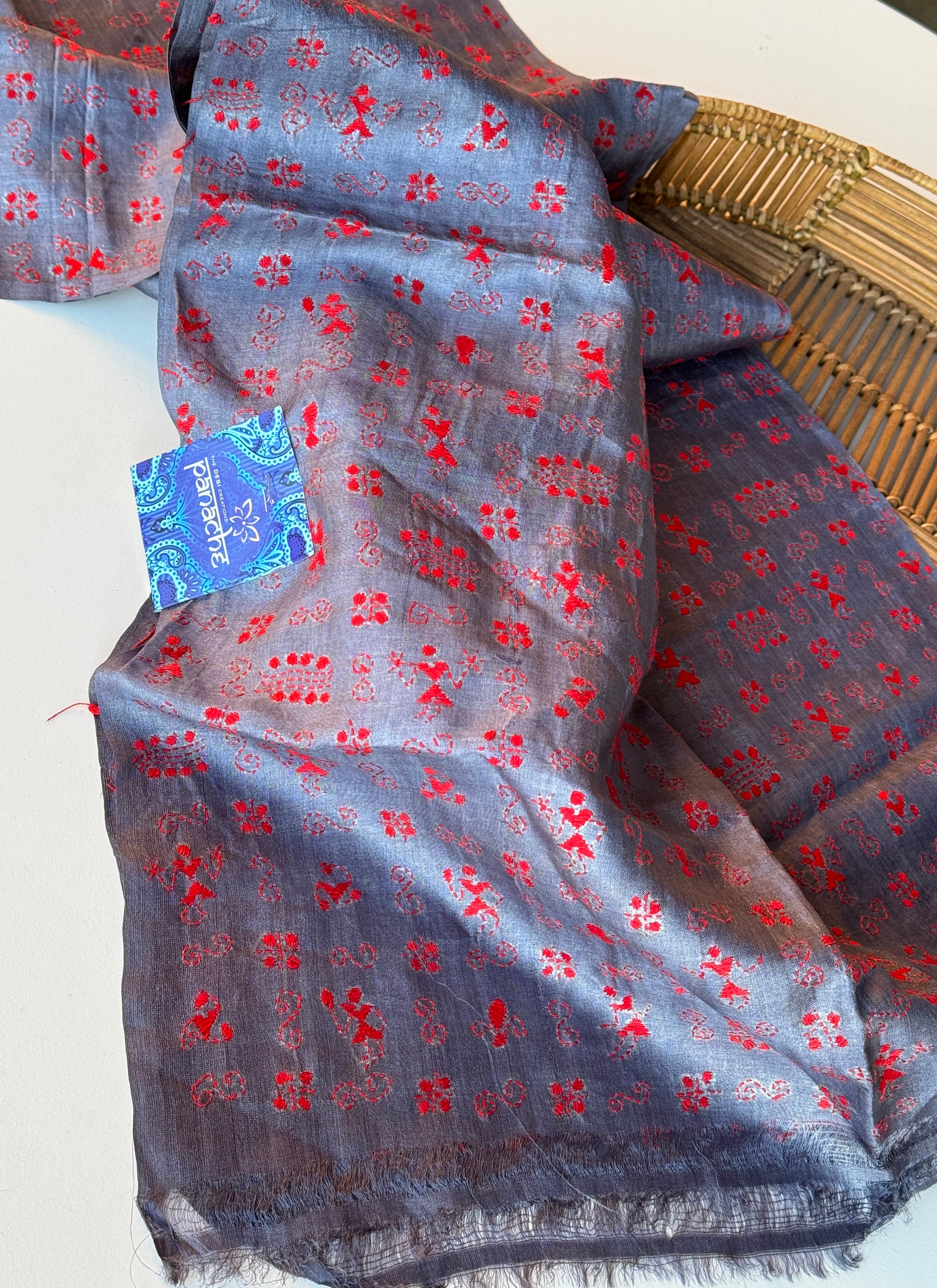Pure Tussar Silk Stole - Grey Red Kantha Stitch