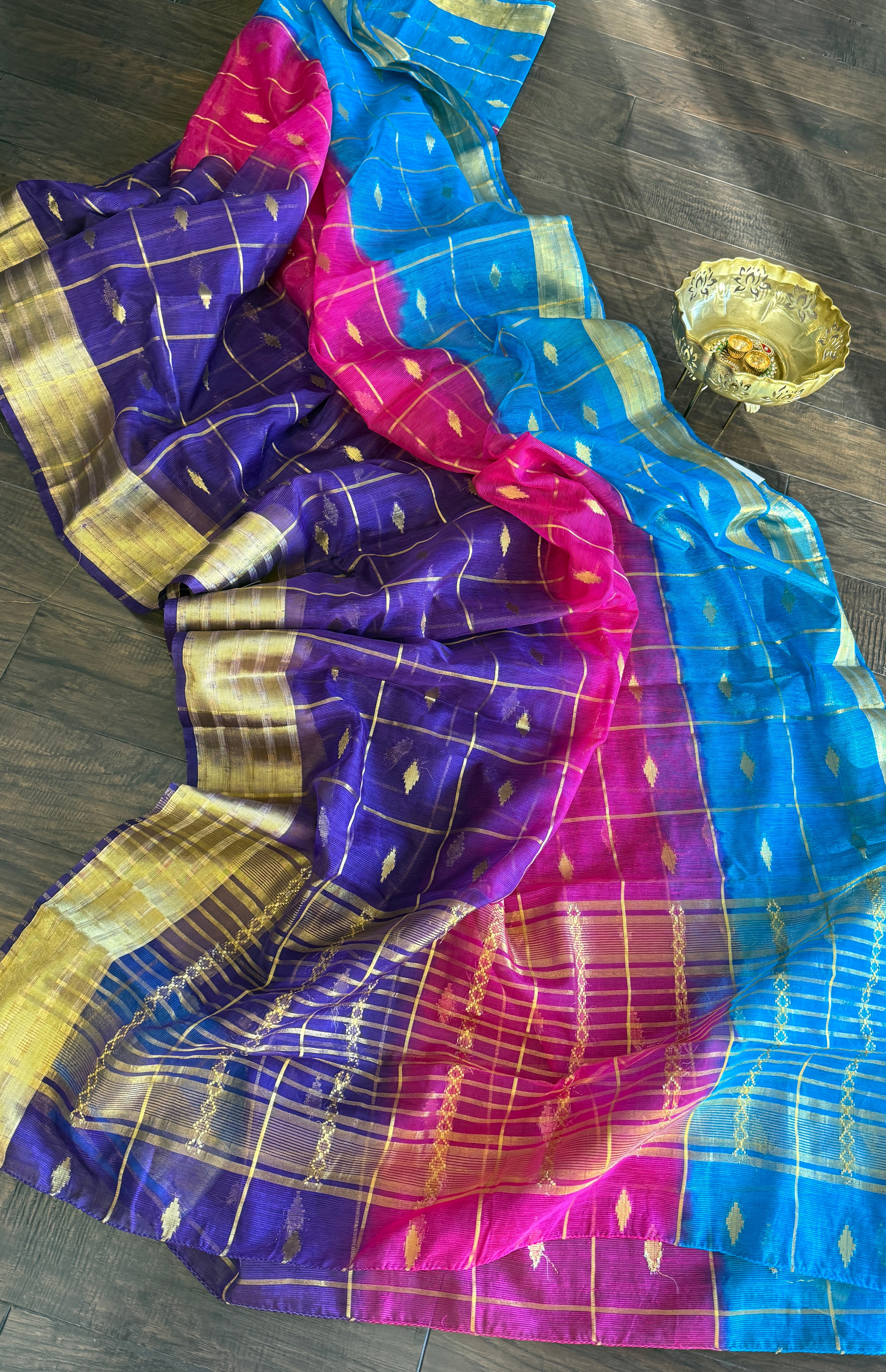 Soft Dupion Cotton Saree - Firozi Pink Purple