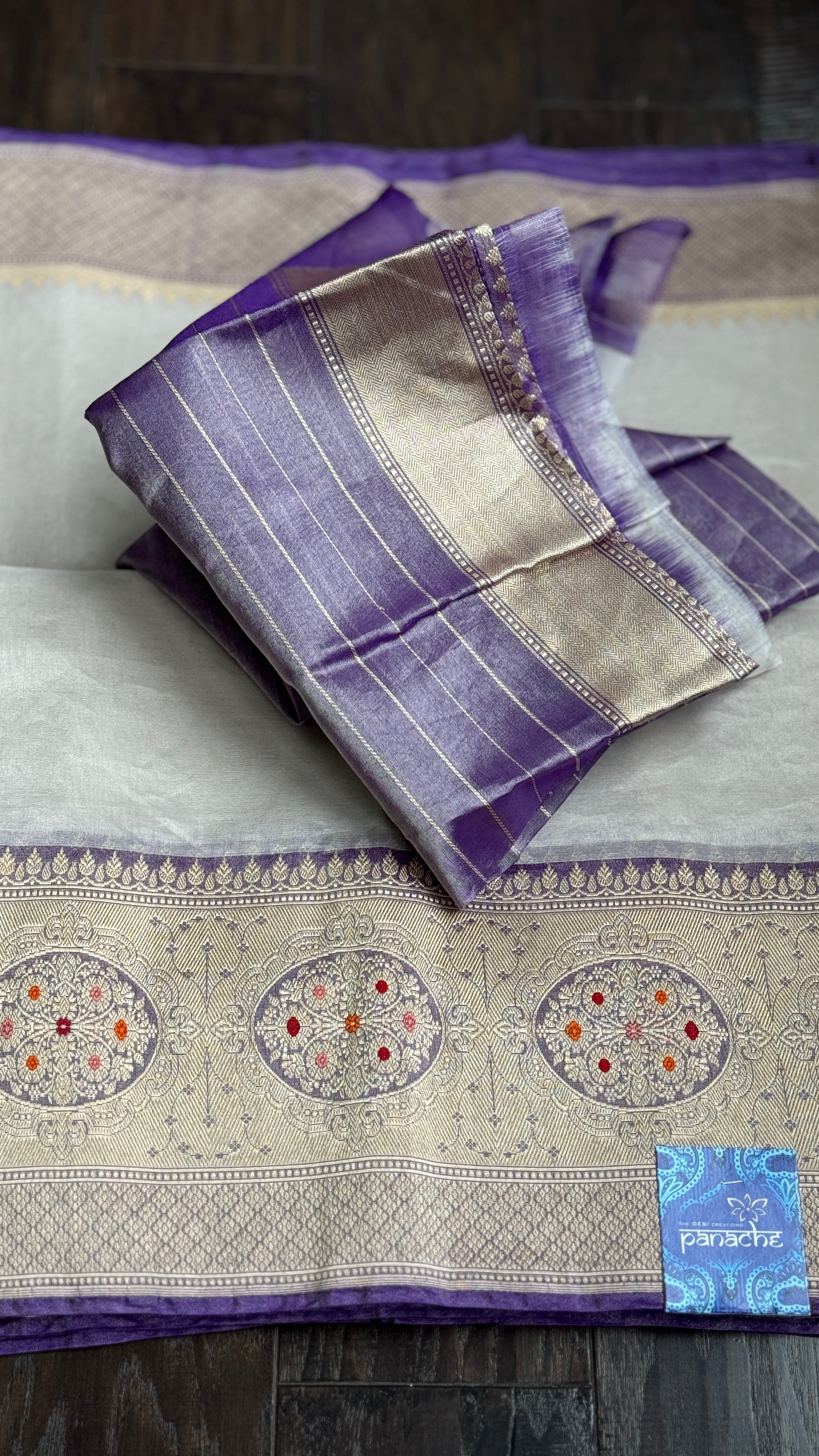 Pure Tissue Kora Silk Banarasi - Cream Purple