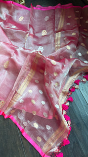 Tissue Organza Silk Banarasi - Pink Metallic Meenakari