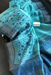 Pure Tussar Linen Silk - Firozi Blue Hand Block Printed