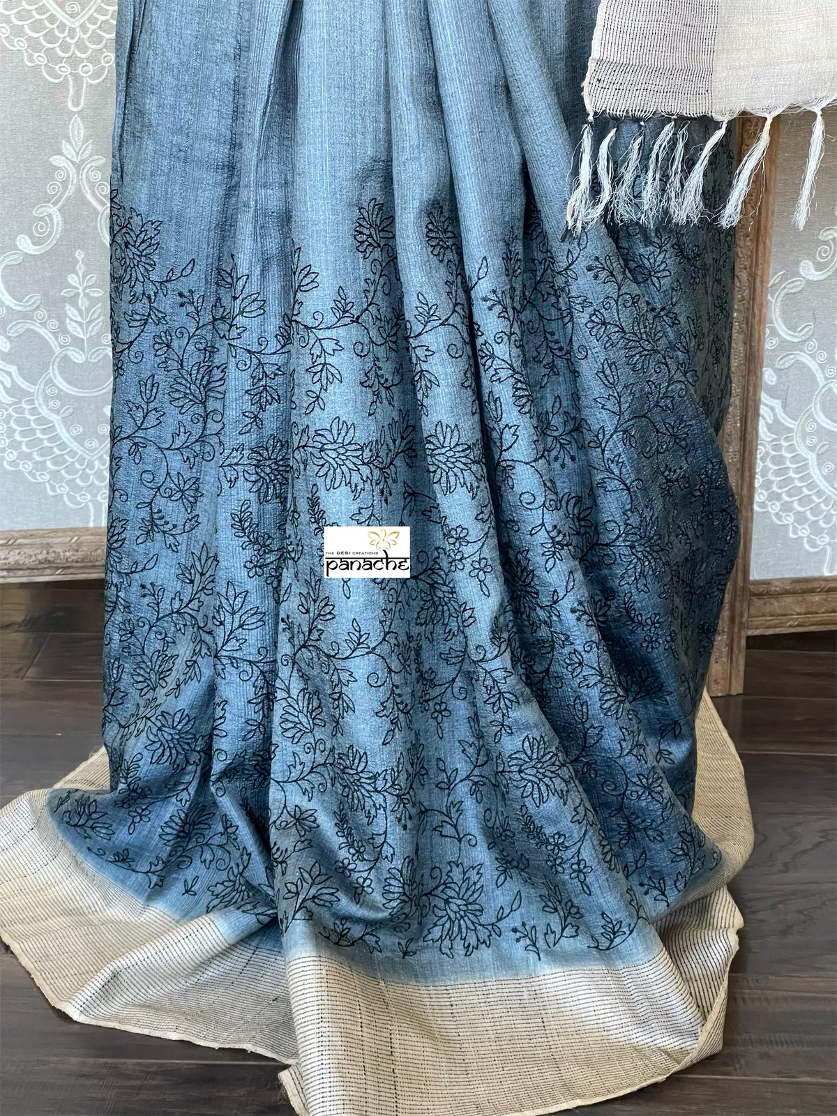 Pure Tussar Silk - Grey Brown embroidered Digital Printed